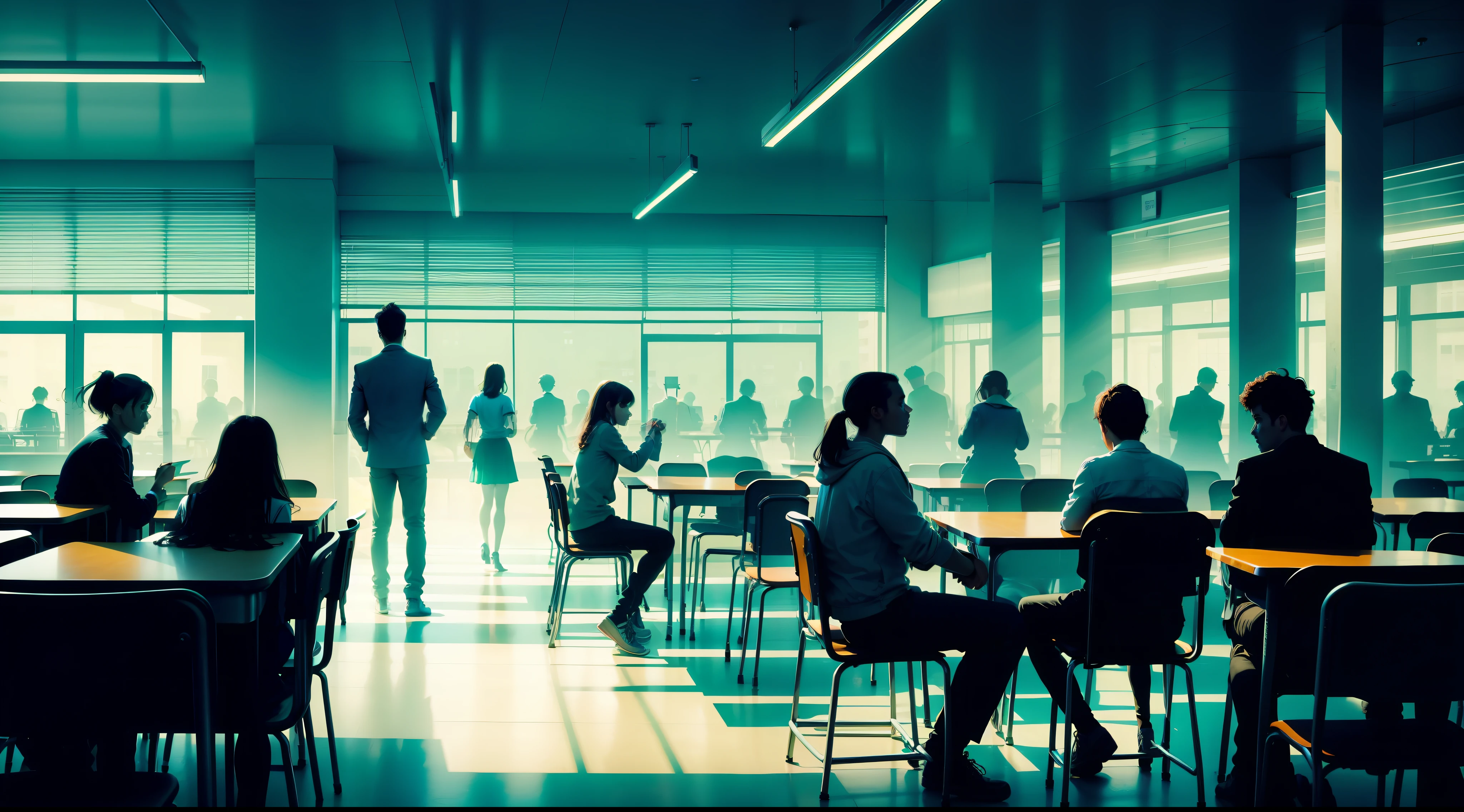 school cafeteria, cool colors, silhouettes of people, tables