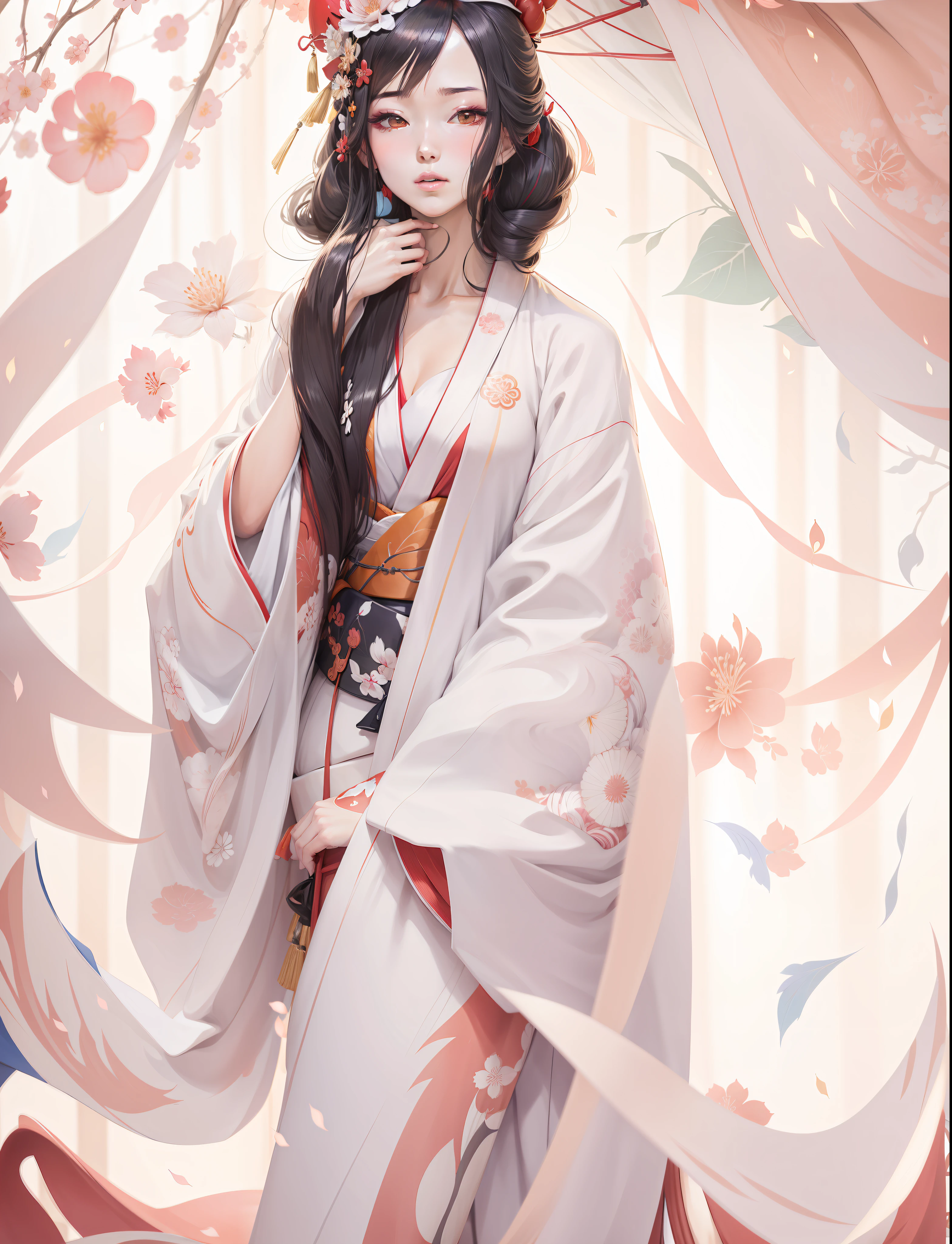 anime - style drawing of a woman in a kimono outfit, onmyoji, flowing hair and long robes, flowing white robes, natsume yuujinchou, onmyoji detailed art, pale and coloured kimono, onmyoji portrait, inspired by Nishikawa Sukenobu, koyoharu gotouge, pixiv contest winner, zerochan art, in kimono