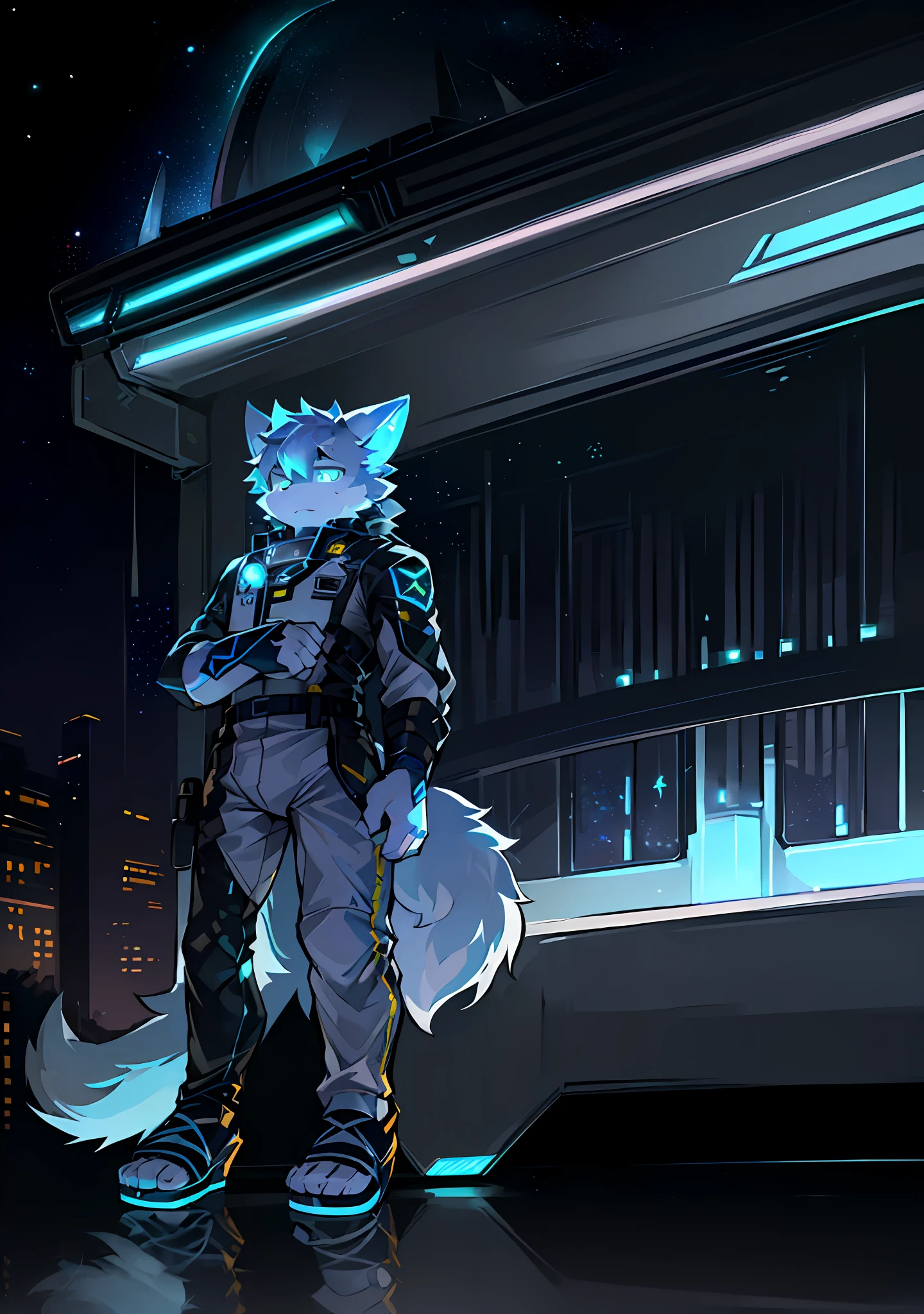 (High quality, sci-fi scenery and shadow, ray tracing, particle effects, ultra definition) ((cat ear shotai boy + super wolf tail: 1.2 + big long ears: 1.1), (sci-fi style white luminous pants + fur white + yellow + blue intertwined luminous clothes), (future naval war command uniform + sandals), (beast-type feet + space helmet)), (mysterious heroic and strong temperament))