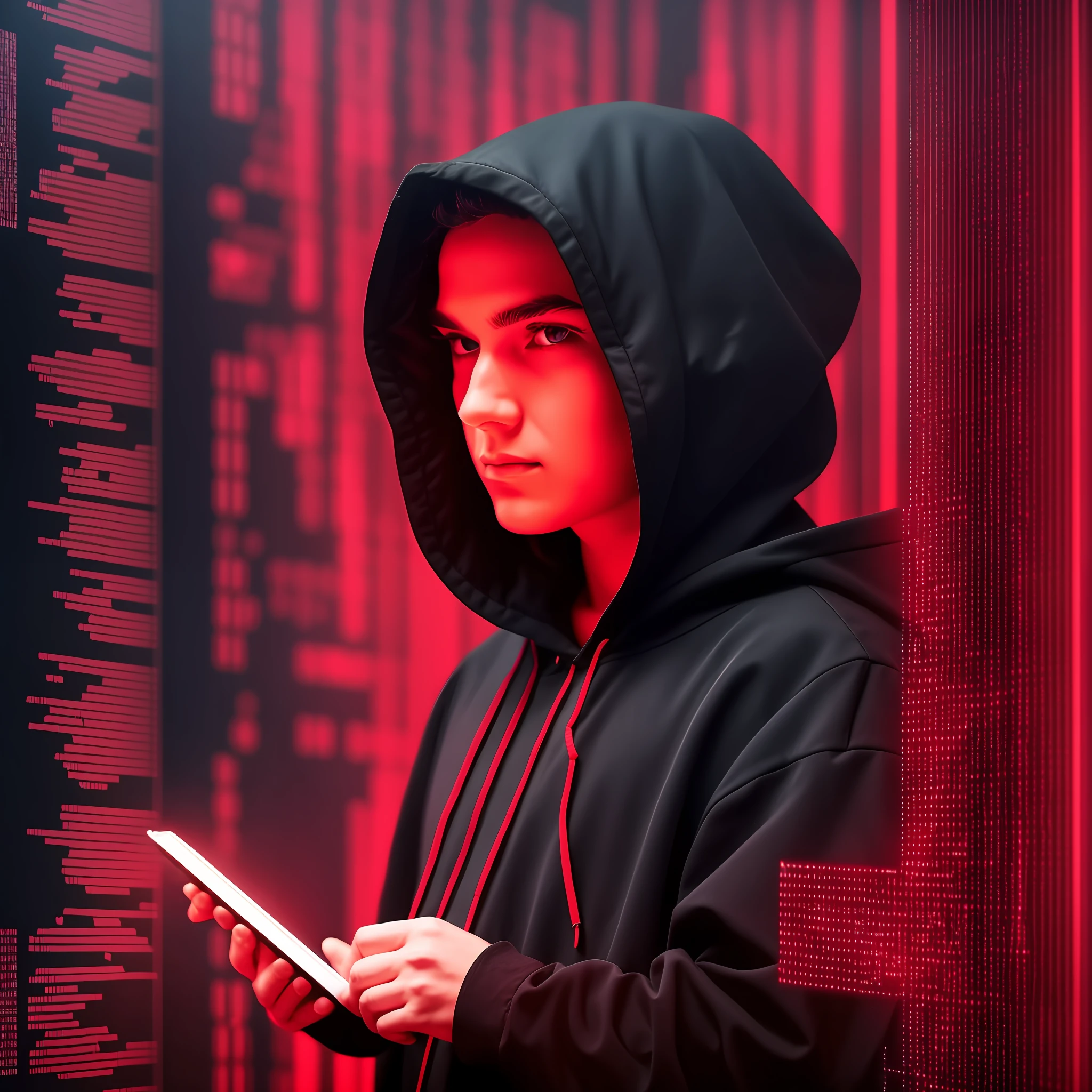 a hacker in black and red clothing and a hood looking at a lit notebook screen as if it were something angelic --auto --s2