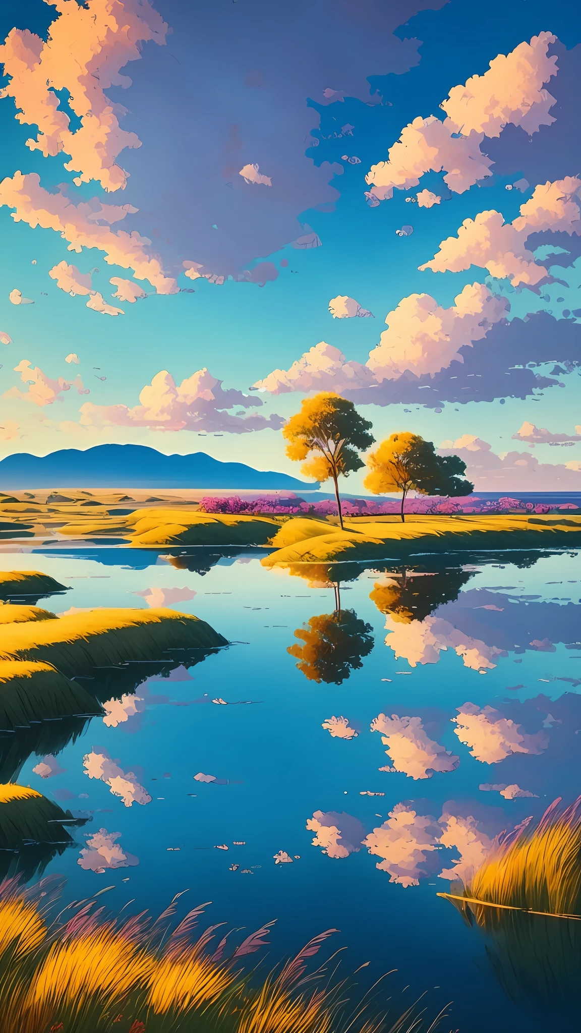 "(${masterpiece}), superior quality, beautiful and detailed landscape image, dynamic and wide angle, soft light source, picturesque and tranquil atmosphere, with vibrant and well-saturated color tones, perfect vivid and natural. (landscape:1.2+lake:1.3+cloud+dunes+small house:0.7), purified and bright blue sky, golden west, peace and beauty."