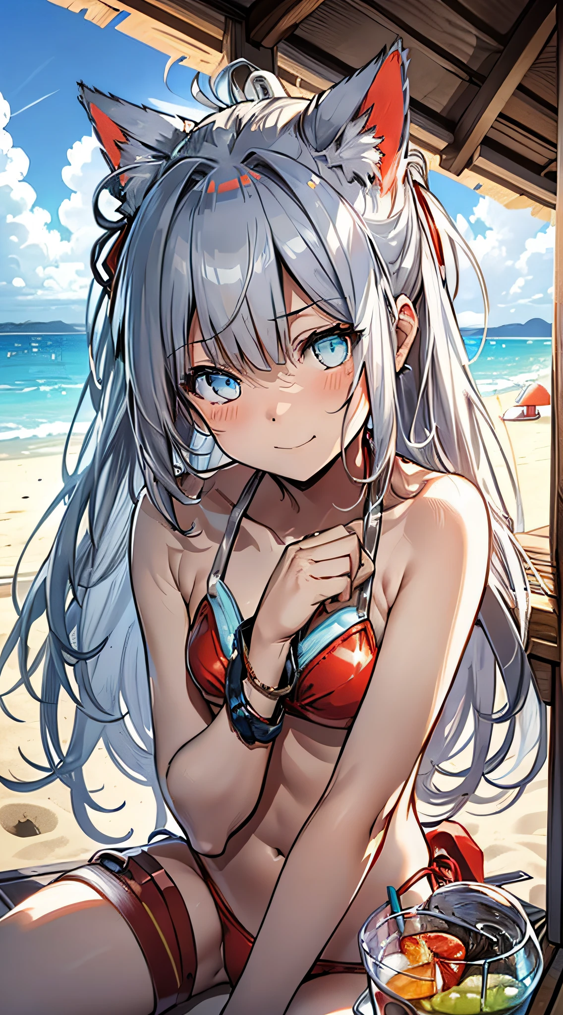 ((Masterpiece)), ((Squat)), (Sit on a White Beach Chair and Drink Tropical Juice), (((Metallic Red Bikini)), Cat-eared Girl, Long-haired, Ponytail, (Silver-haired), Sad Smile, Aqua Eyes, Small, , Noon, Sunshine, Seaside, Fantastic sky