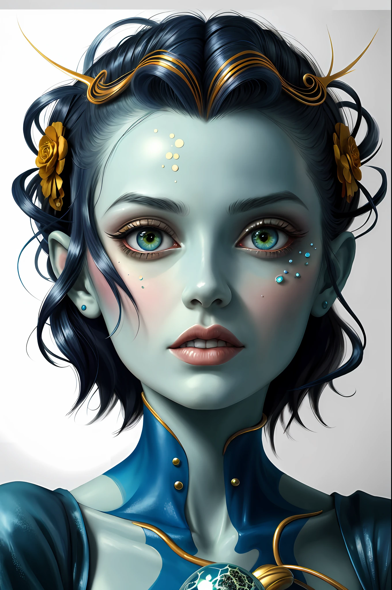colorpop style, pointy hair, blue skin, natalie shau, mark ryden, alberto seveso, brooke shaden, anna dittmann, flora borsi, yin yang anthill, ant, lily, insect, fern, beautiful full body photo with oil painting, with thick brushstrokes and wet paint, fibonacci, golden ratio, melted wax, visible brushstrokes, surrounded by crystal ball, 3D Mosaic wireframe, neural graphics, neurons, tree of life, color, love, passion, oil on canvas, thick brush strokes, crazy details, 8k uhd, masterpiece, art station, surrealism