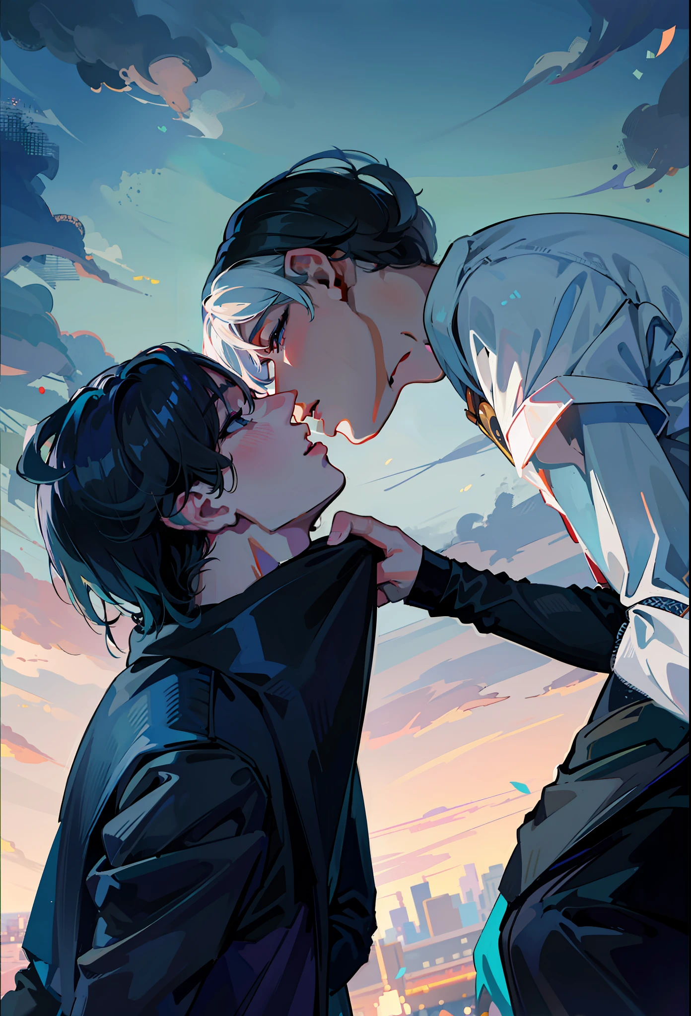 Two nena kissing, men kiss men, black clothes, Wearing black outfit, besándose lindamente, Yaoi, besándose, enfrentándose, besándose juntos, in love, Taejune, besándose boca a boca, chico rubio y chico pelirrojo, (((masterpiece))), artstation style, anime, boyslove, two boys, two mans, boys love, homosexual, 4k,8k,16k,uhd, shorts hair, city landscape, city lights in the background