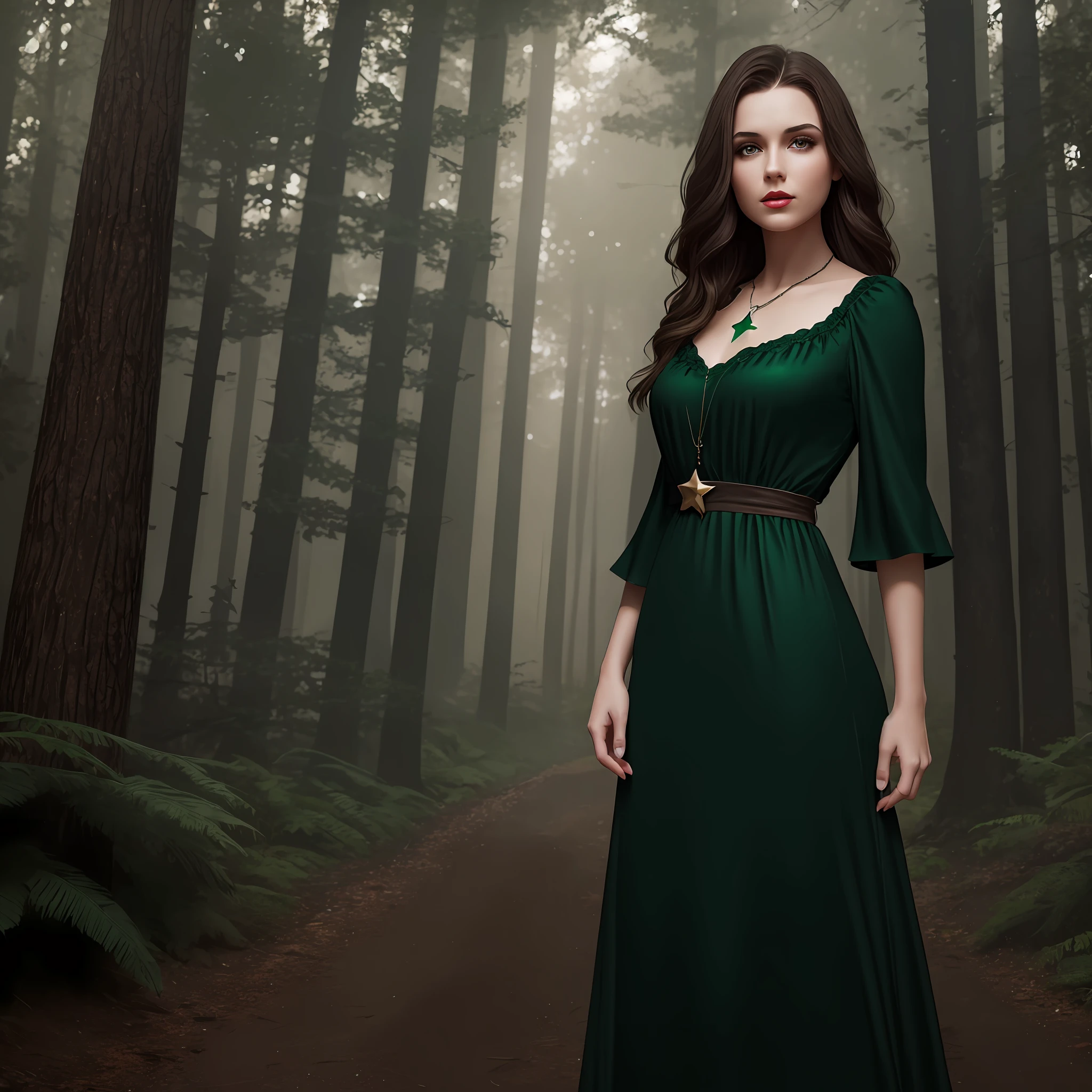 Young American woman with brown hair, dark green eyes with a star-shaped emerald necklace. Red lips. Wearing a long black dress with short sleeves and a simple neckline. Background dark gothic forest with no sunlight and fog. 4k, realistic, better picture.