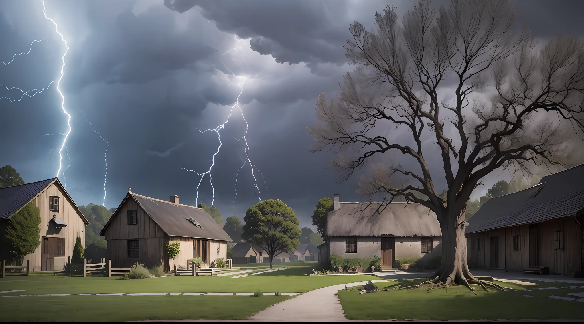 A simple village house, there is a courtyard in front of the house, several lightning bolts fell on the yard, there is an old elm tree in the yard, lightning strikes the old elm tree, a black smoke, movie texture --auto --s2