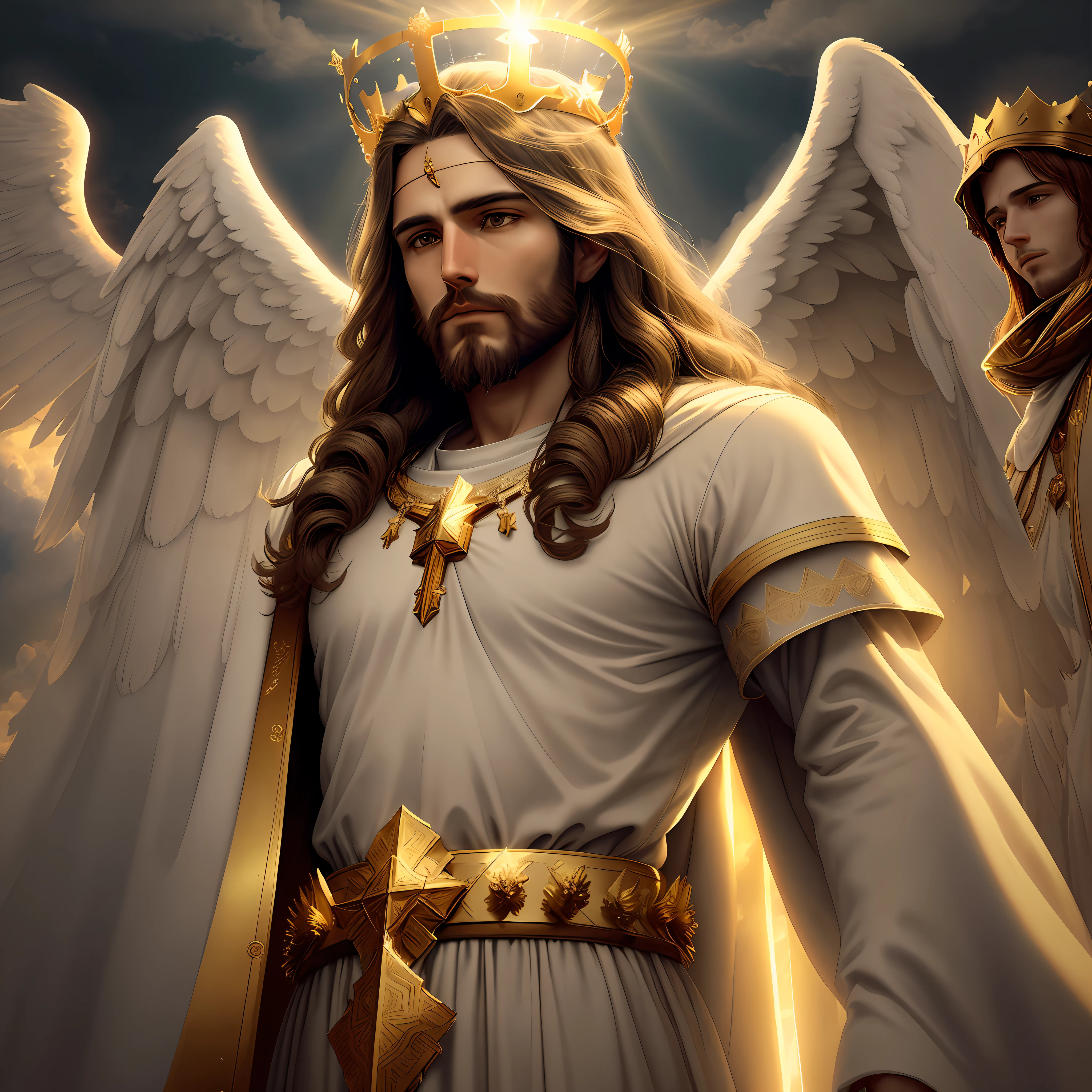 "Amidst the voluminous clouds, Jesus, the majestic king, sits gracefully adorned with a golden crown. In a wide shot, He is accompanied by His army of angels as He prepares to return triumphantly to Earth, surrounded by the ethereal radiance of volumetric light."