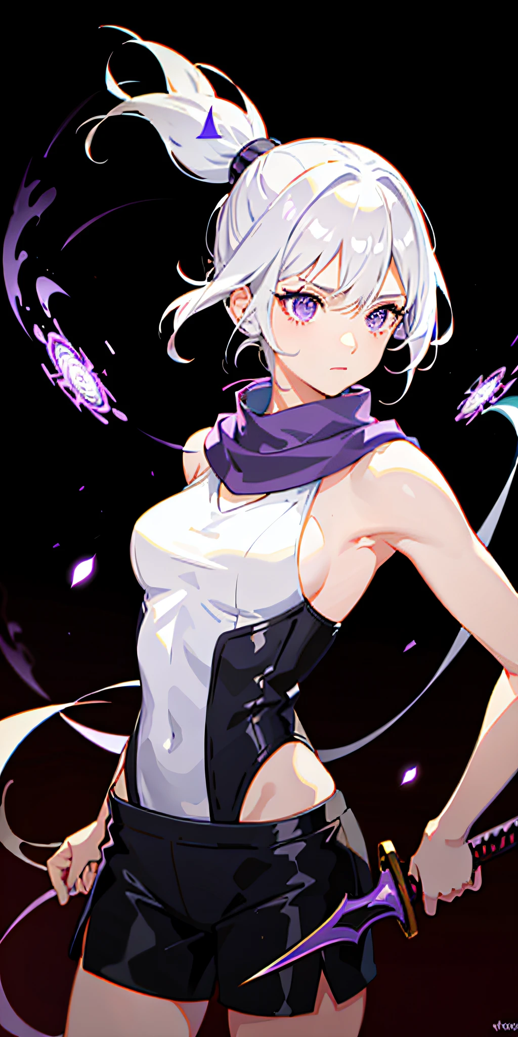 upper body, 1girl, white hair, ponytail, purple eyes, (ninja), short sword, medium breats ,scarf, wallpaper, magic circle background, light particles, blue fire,