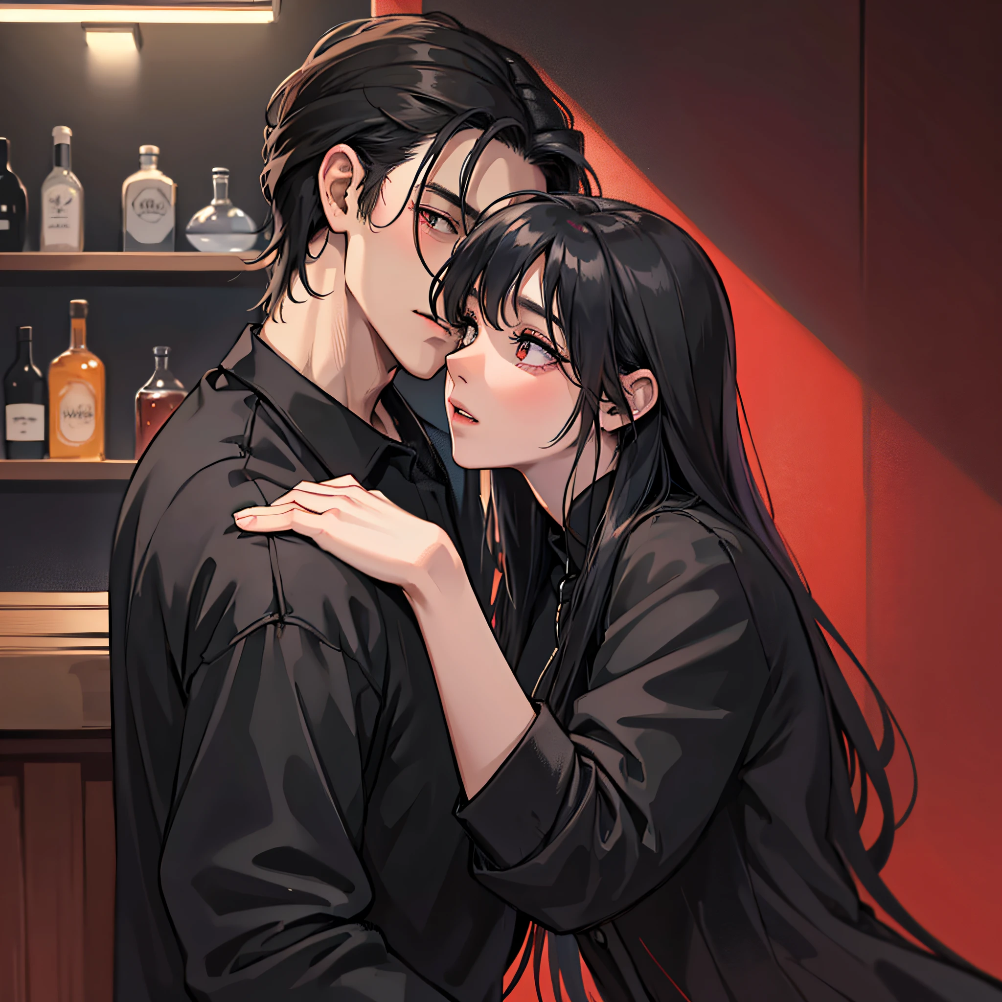 At the bar, the man (black shirt) stands against the wall, his hands are grabbed above the head by the woman (black hair, red clothes) and forcibly kissed