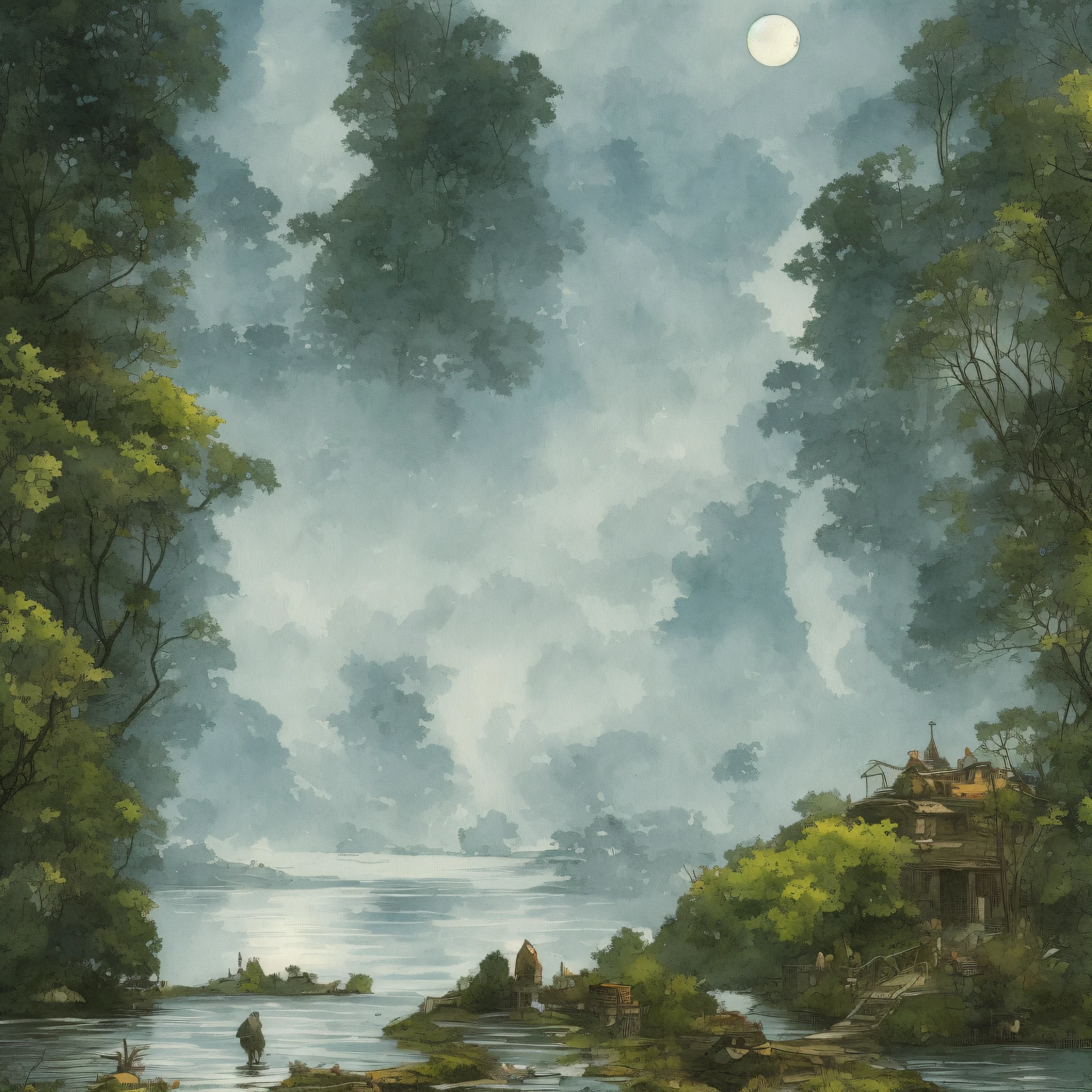 plbc watercolor landscape with river, trees, animals, moon, by moebius Charles Reid, banksy and Studio Ghibli