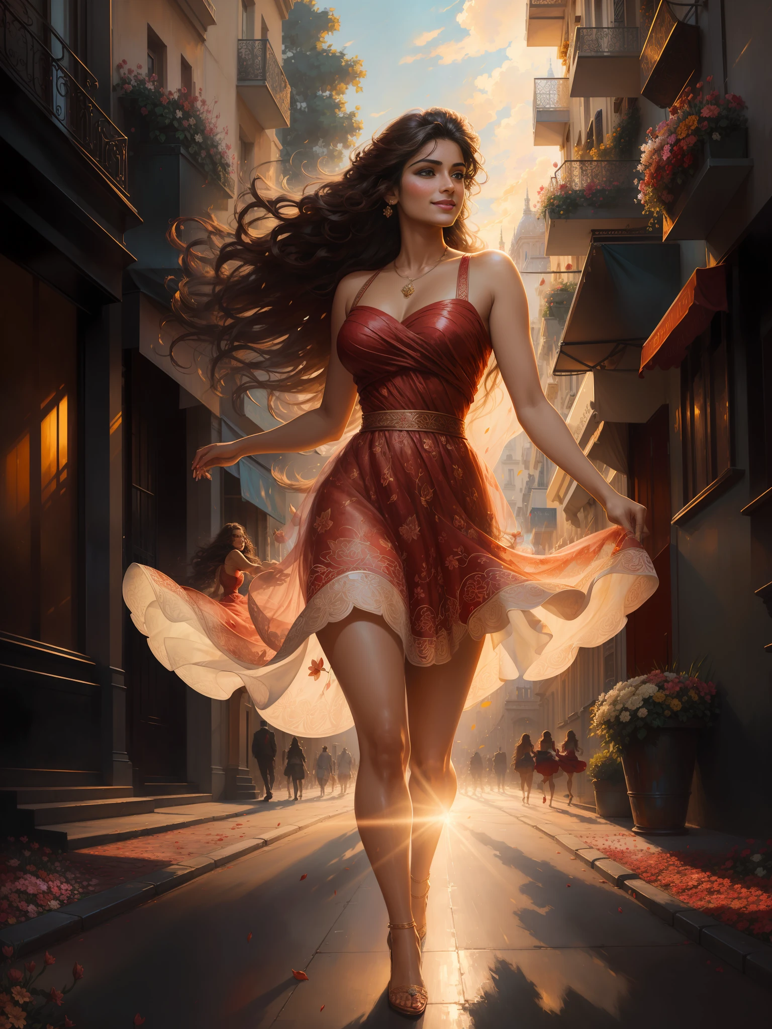 (masterpiece photography realistic depicting ) of a (solo:1.2) alluring ravishing dusky curvy supermodel Sonali Seygal, dancing on street, wearing beautiful (short red dress:1.3), romantic paris Street, heels, (big flowing hair with highlights), (detailed intricate face) (flower in hair), vivacious, lustful glance, exhilarated (beautiful detailed eyes:1.1) , (seductive smile:1.3) intense dramatic lighting, falling leaves and flowers bokeh, backlit, light rays, highly detailed, trending on artstation, paint splashes, rich colour, wind all around, abstract portrait, by Ron hicks