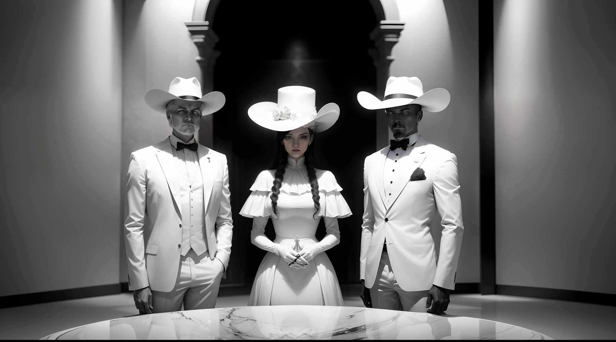 A man standing on the right side, a man sitting in the middle, a woman standing on the left, all in white suits and hats, a large marble table in the middle, white wall, old west, black and white image, evil face, no color