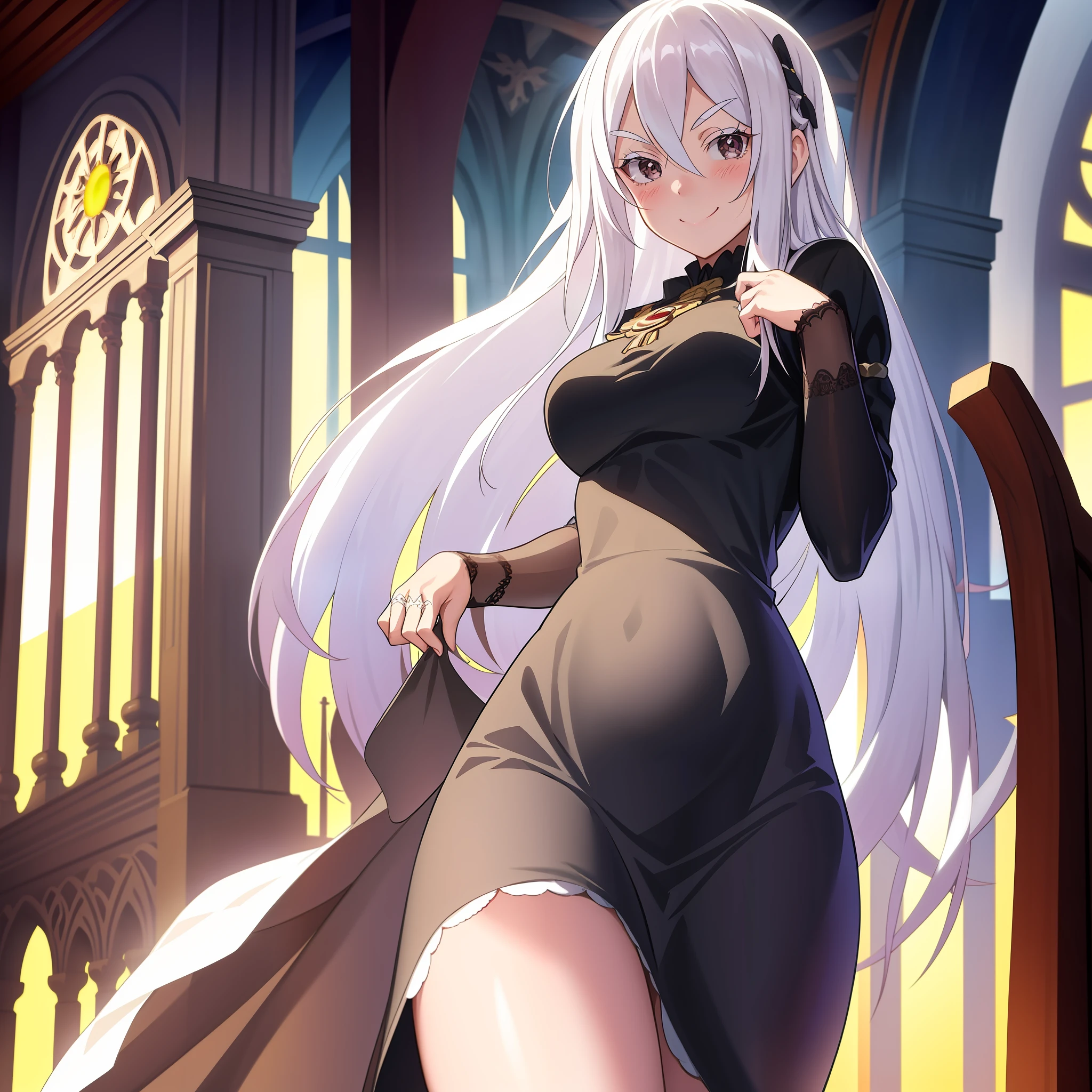 masterpiece, best quality, anime, 2d, detailed eyes, front view, looking at the viewer,
1girl, solo, cowboy shot, very long hair, white hair, black eyes, colored eyelashes, white_eyelashes, hair between eyes, medium breasts, standing, cathedral, temple, white_eyebrows, blush, smile, happy, (wedding dress: 1.3), wedding veil,