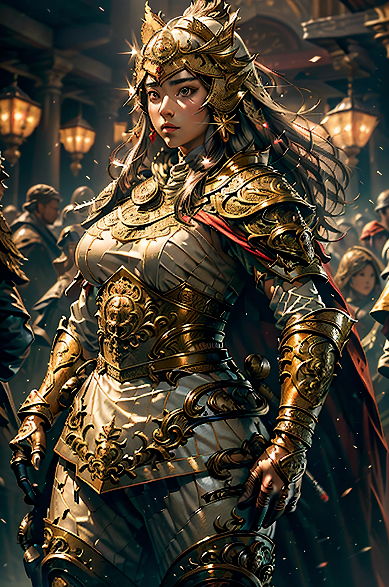 ((masterpiece))), (((best quality))), ((ultra-detailed)), (hyperrealistic), (highly detailed CG illustration), cinematic light, photorealistic ,extremely beautiful young lady, light makeup, big breast,  intricate detailed eaba, red cape, spear