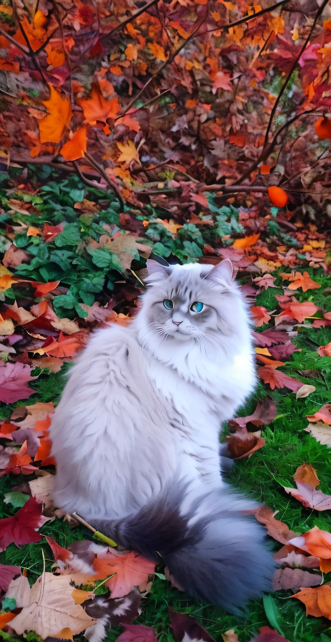araffe sitting in the leaves in a field of leaves, beautiful autumn spirit, blue siberian forest cat, fluffy cat, ragdoll cat, beautiful cat, cat in the forest, beautiful picture of stray, autumnal empress, long - haired siberian cat, 🍂 cute, covered in fallen leaves, chilling on a leaf, persian cat, photo of a cat
