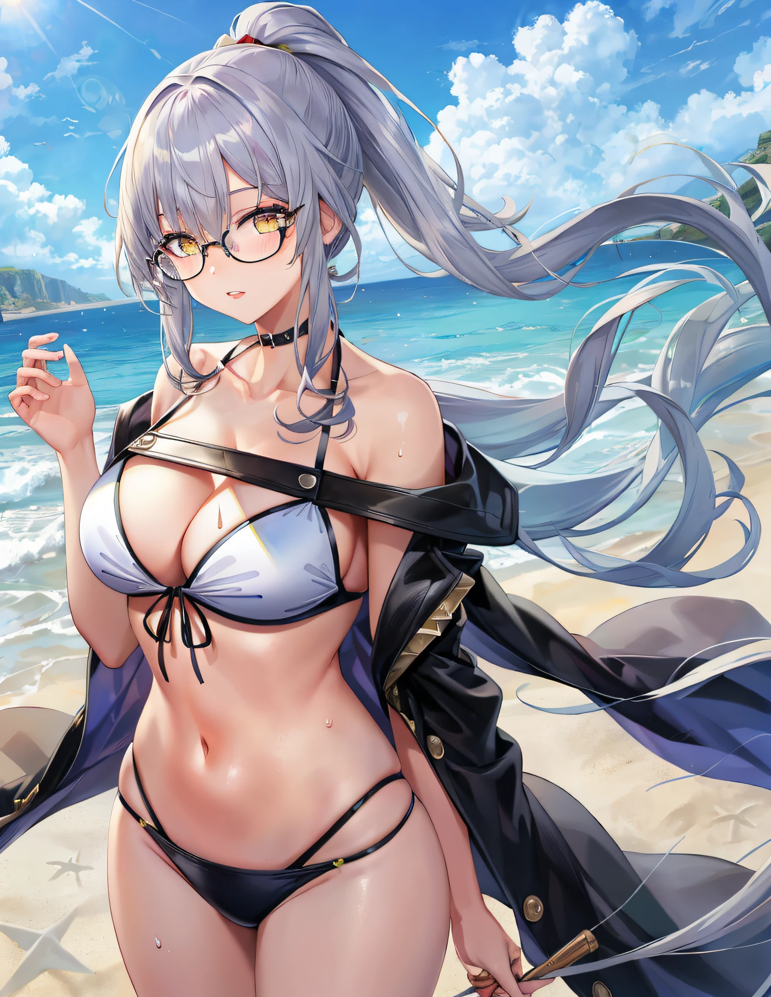 Model Shooting Style, (Masterpiece:1.3), (Absurdity:1.3), (Best Quality:1.3), (8K), (Masterpiece Digital Art), (Detailed Manga Illustration), (Handle Hair), Perfect Anatomy, (Complex Details:1.3), (Detailed Details:1.3), (Illustration:1.3), (Sharp Focus:1.3), (Vivid Color:1.3), 1 Girl, Solo, (Long Hair:1), ponytail, loose wavy hair part covers his face, hair between the eyes, (silver hair), yellow eyes, floating hair,glasses, bikini, seaside, wet skin, sexy,