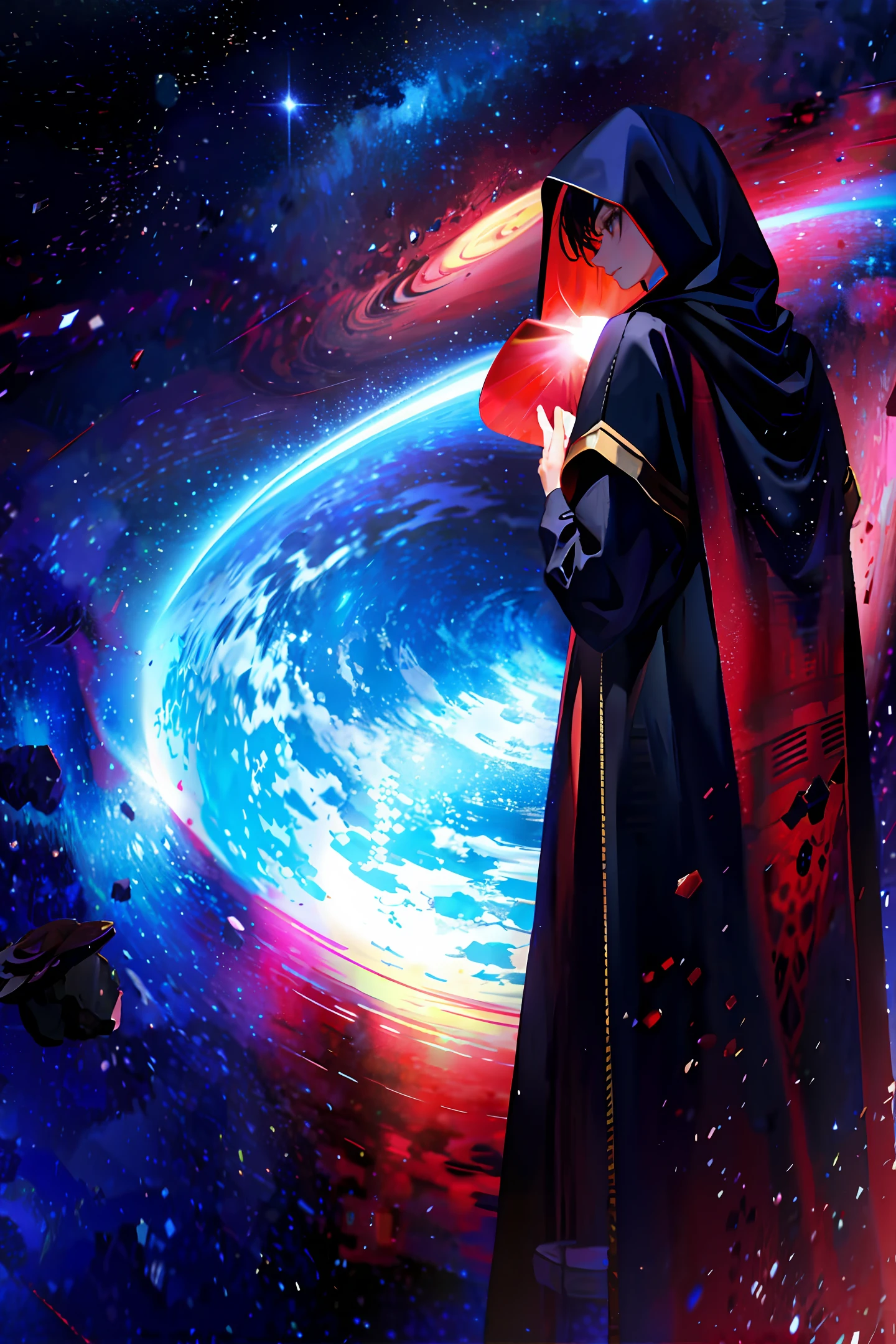 Red cloaked boy looking up at the sky seeing galaxies and planets image style aesthetic 90s