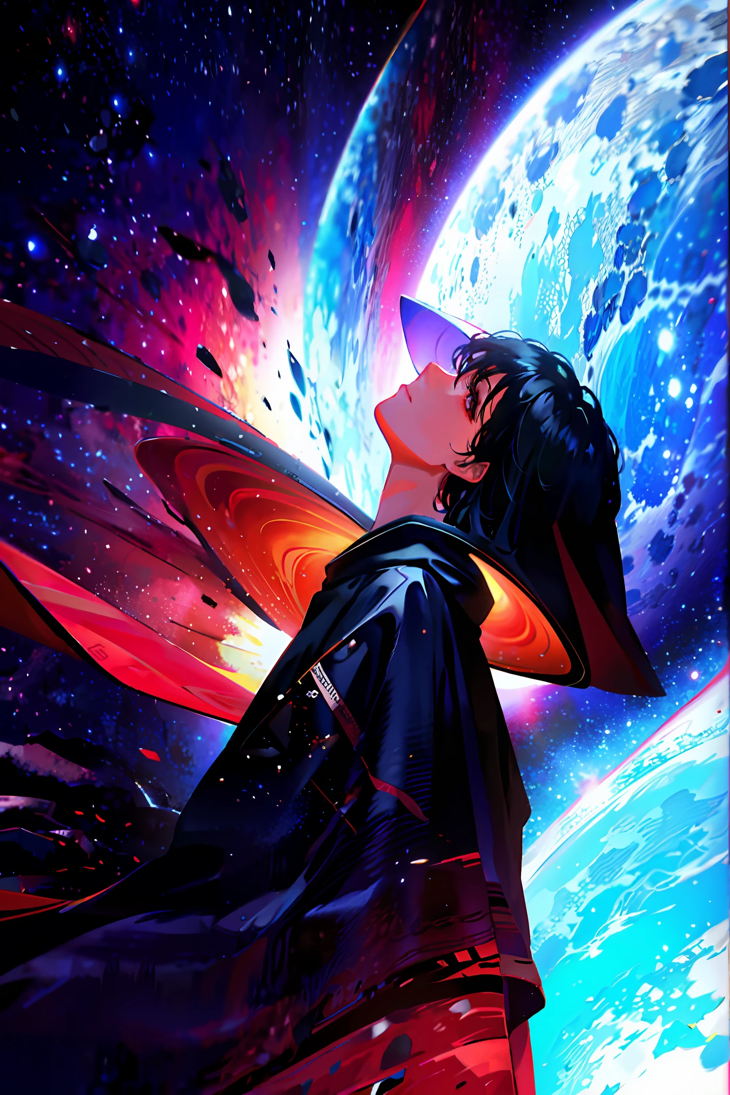 Red cloaked boy looking up at the sky seeing galaxies and planets image style aesthetic 90s
