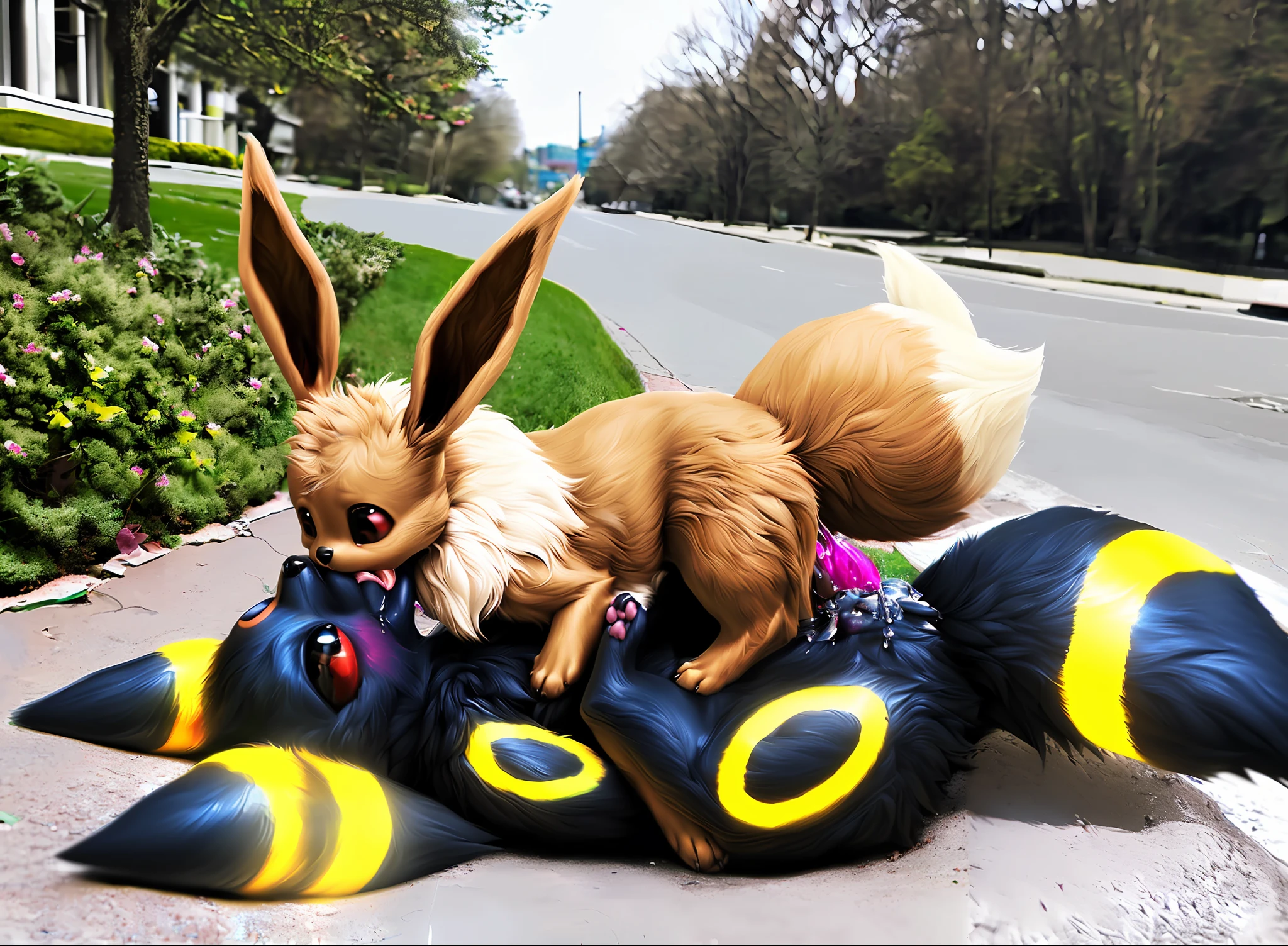 animal focus, lying, 69 position, (feral), (large umbreon), (small eevee), ((shiny pokemon)), (duo), fur, pupils, paws, pawpads, tail, ((symmetrical)), female/female, size difference,, oral, tongue, penetration,, licking), tongue out, female, anatomically correct, anatomically correct, (anatomically correct, (canine, animal, (pink, juice, in heat, y, glistening genitalia, masterpiece, best quality, photorealistic, hyperrealistic, ultradetailed, detailed background, outside background, digital drawing (artwork), photo background,