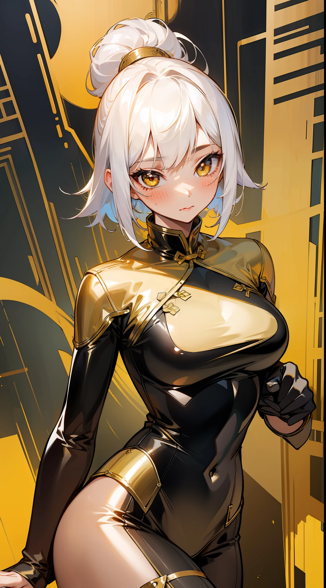 A girl, Chinese leather suit + gold color, short + white hair, golden eyes, sexy, blushing, golden latigo