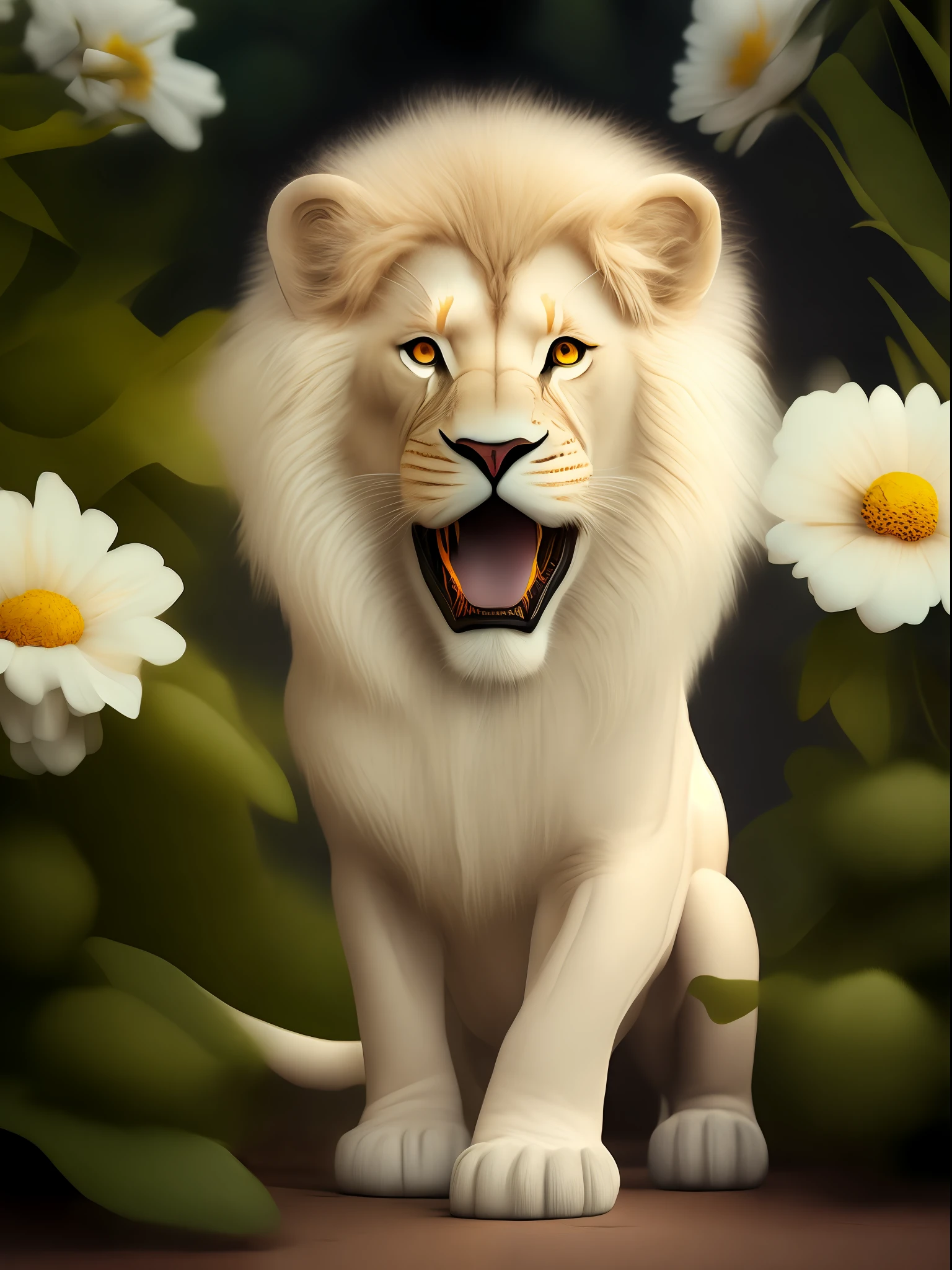 Very cute furry white tropical punk lion, big eyes, flowers, bushes, full body, open mouth, laugh, professional light, 8k depth of field, golden magic moment, professional photography, octane rendering, super realistic - amazing sunlight, dynamic composition, photography, sharp focus, bokeh background, open mouth, laugh !!