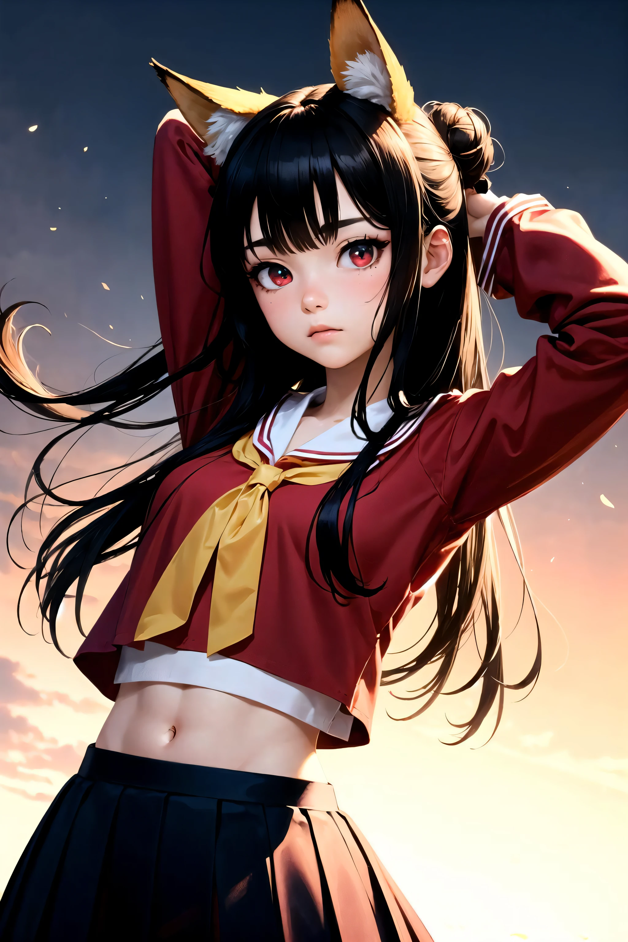 (detailed face and eyes:1.3),
naenarachan,1girl,solo,red eyes, black hair,single hair bun,(hair stick:1.4),hair pin,long hair,hair ornament,fox ears, fox tail,red tail,korean clothes, red shirt,blue skirt,pleated skirt,  long sleeves,hanbok,white bow,red footwear, serafuku,
Ultra-detail,(highres:1.1),best quality,(masterpiece:1.3),cinematic lighting, Arms above head pose:1.4,^o^:1.2