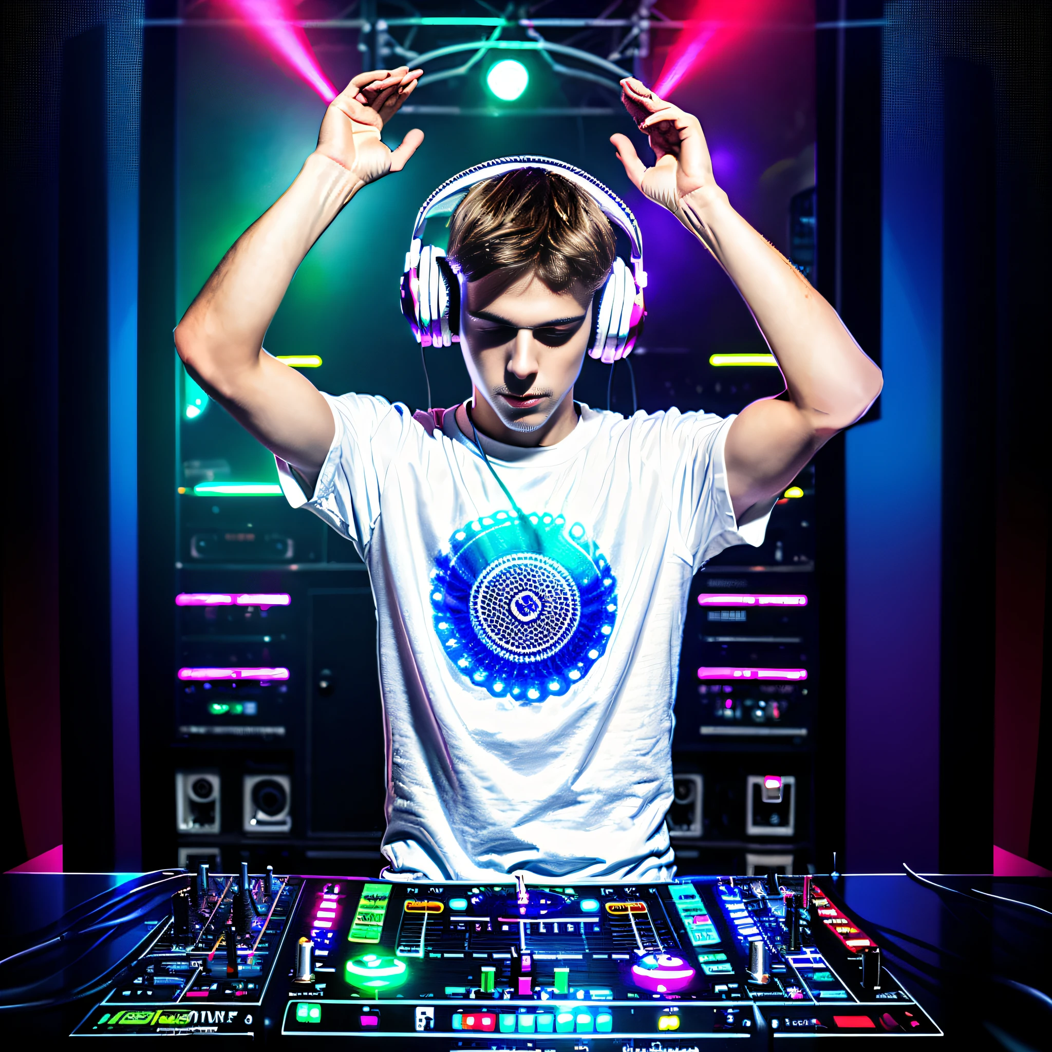 Arafed man in headphones mixing music in a DJ booth, DJ Rave headphones, DJ rave party, electronic music, DJ, DJ at a party, DJ set, flume, techno music, LED effects, Raphael Personnaz, DJ Sura, techno eye, Jared Aura and wires, techno eyes, raver, playing techno house music, house music rave of psychedelic environment