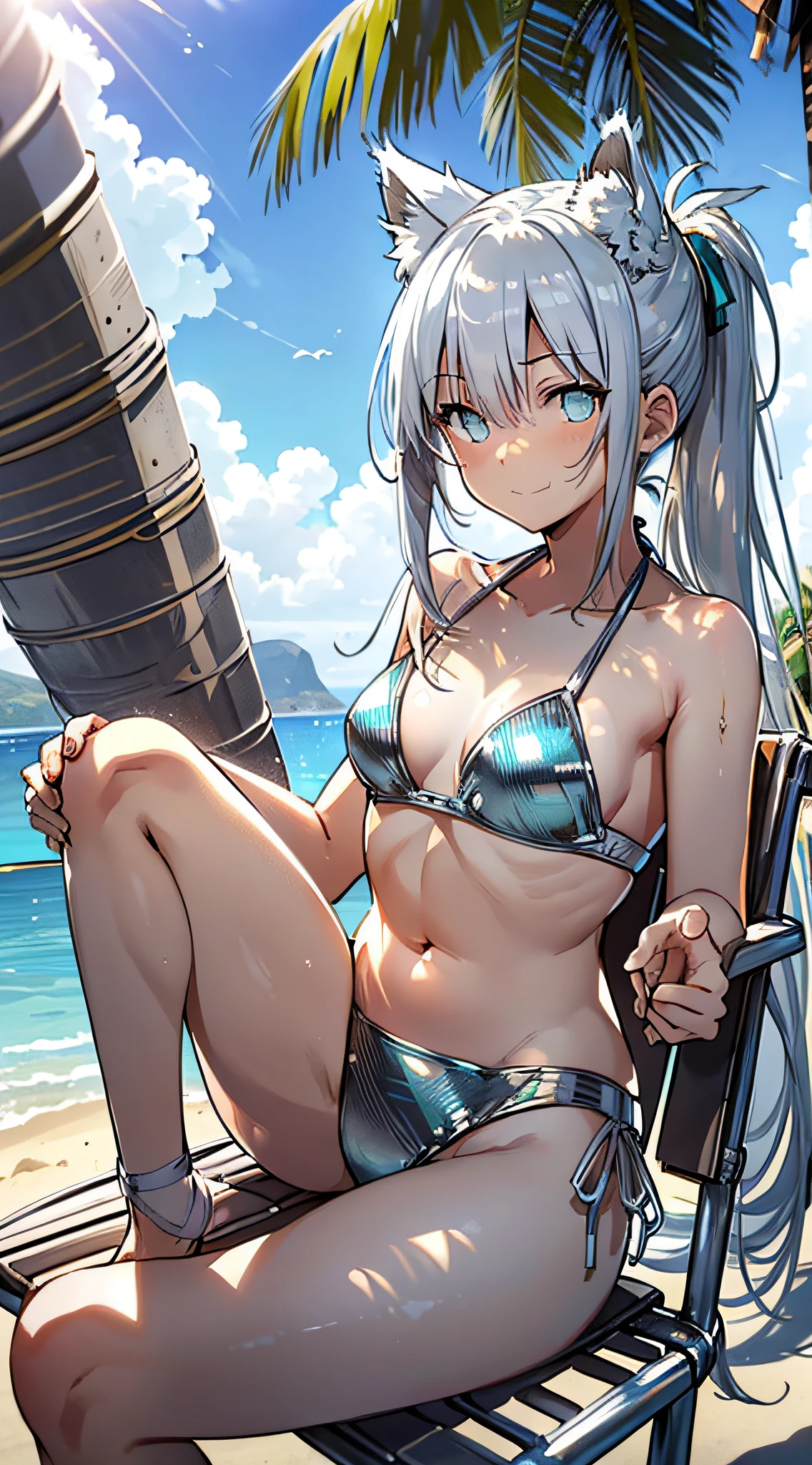 ((Masterpiece)), ((Squat)), (Sit on a white beach chair and drink tropical juice), (((Metallic White Bikini)), Cat-eared girl, Long-haired, Ponytail, (Silver-haired), Sad smile, Aqua Eyes, Small, , Noon, Sunshine, Seaside, Fantastic sky