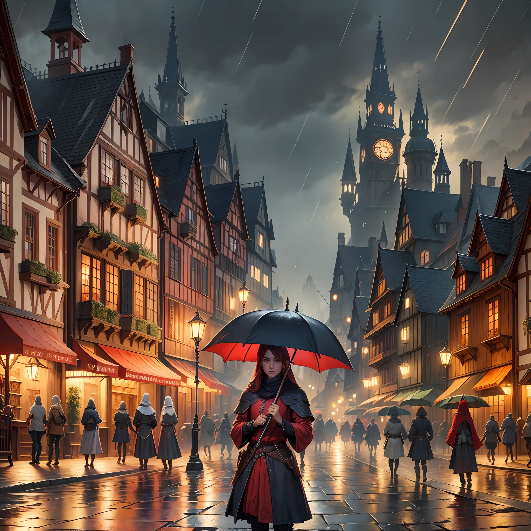rpg, d&d, street medieval city era, red colors, rainy night, dark night, mystery, magic --auto --s2
