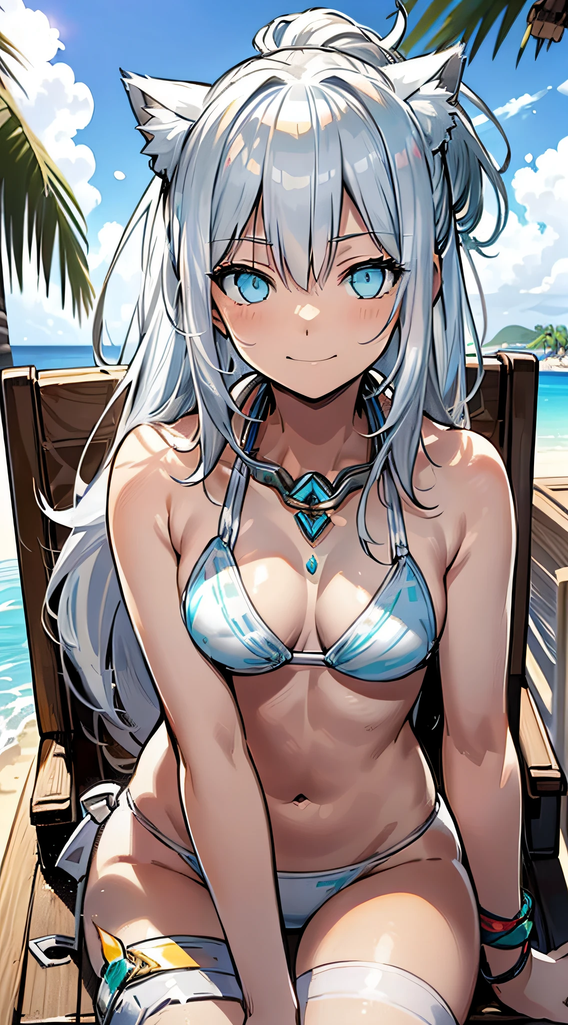 ((Masterpiece)), ((Squat)), (Sit on a white beach chair and drink tropical juice), (((Metallic White Bikini)), Cat-eared girl, Long-haired, Ponytail, (Silver-haired), Sad smile, Aqua Eyes, Small, , Noon, Sunshine, Seaside, Fantastic sky