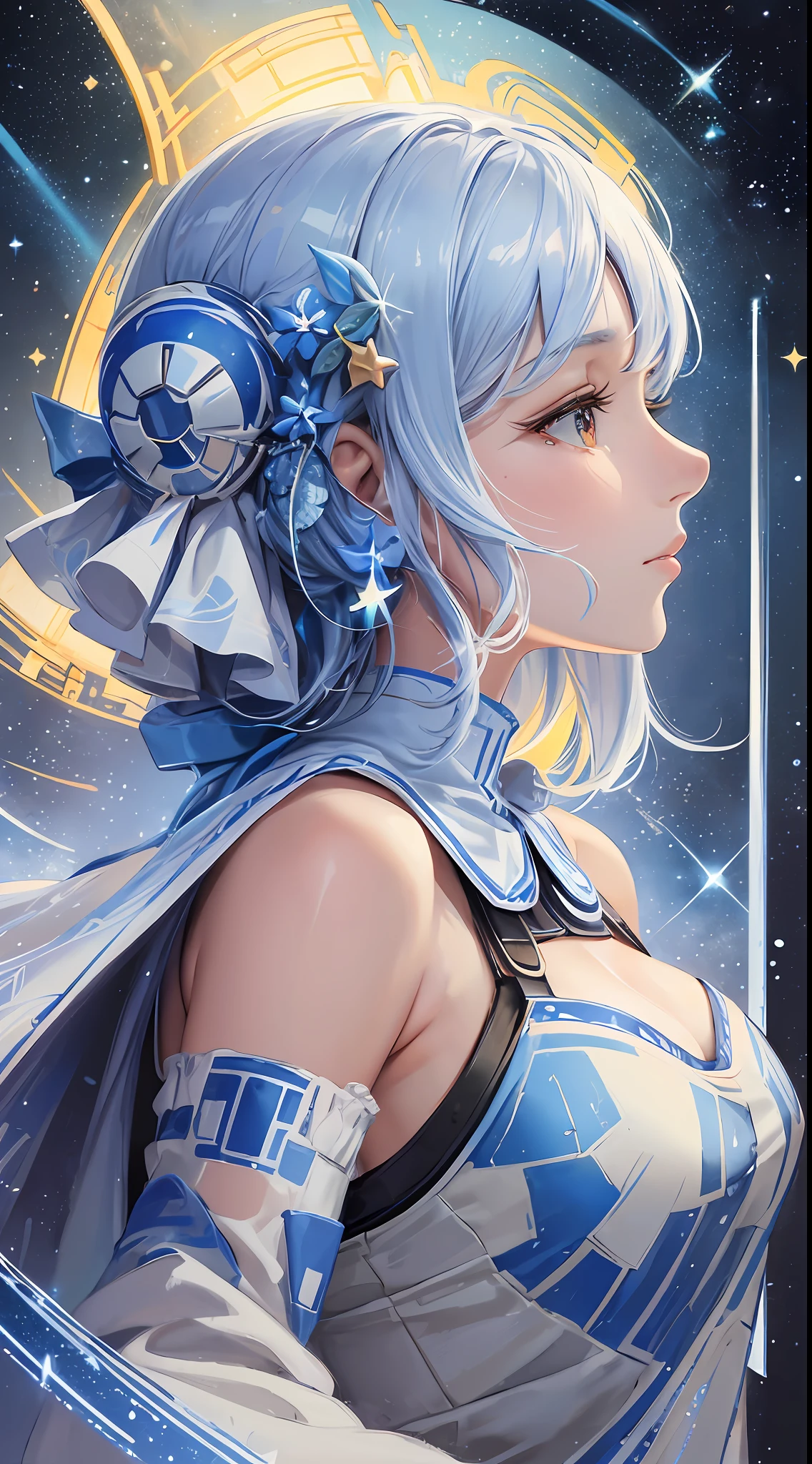 (masterpiece, top quality, best quality, watercolor (medium), official art, beautiful and aesthetic: 1.2), (1 R2D2, Star Wars: 1.3), (fractal art: 1.3), upper body, profile, patterns, (R2D2 as anime character, Star Wars 1.2),water,liquid,cloud,colorful,starry,stars, delicate, magical aura --auto --s2
