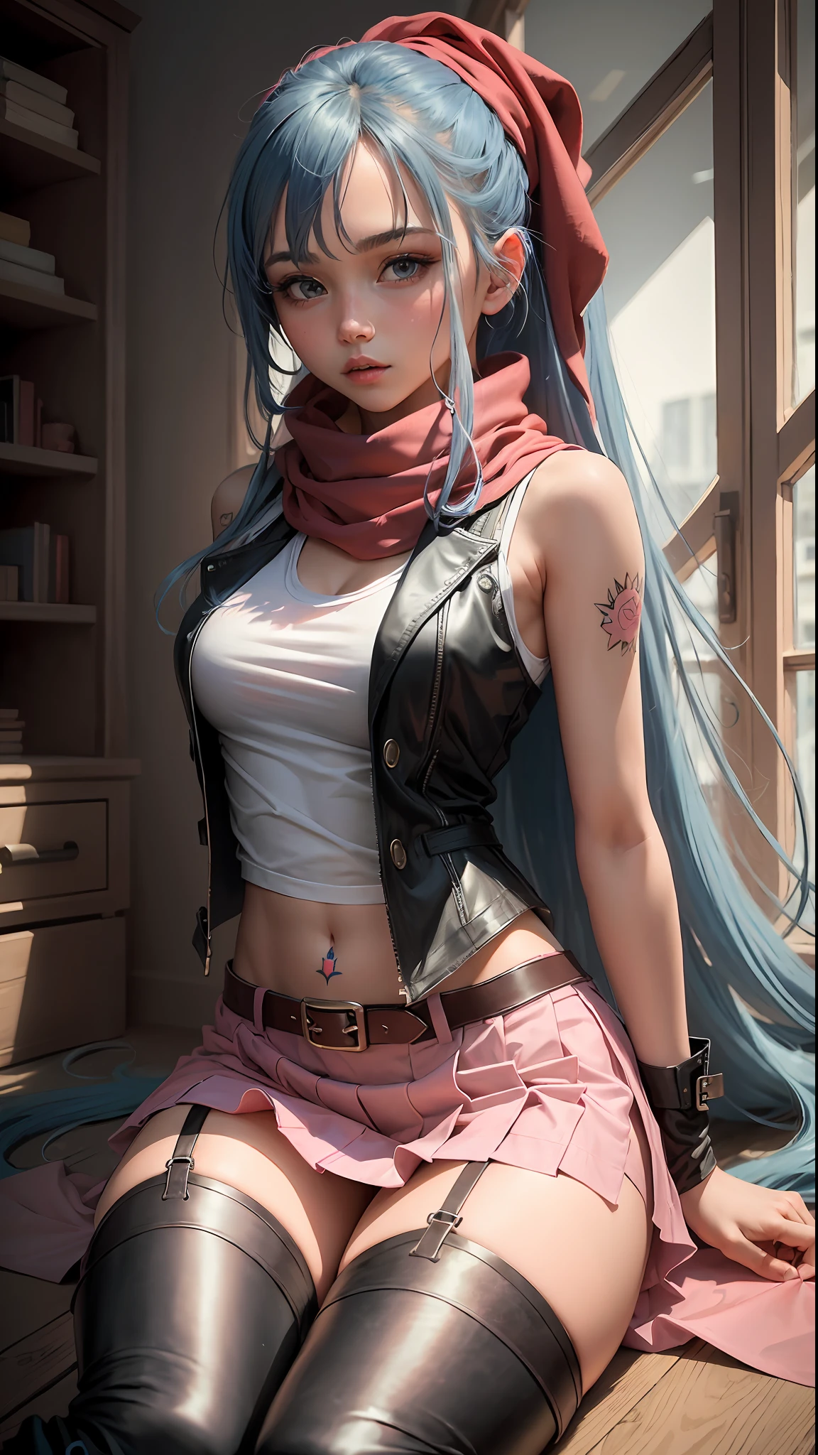 (masterpiece, best quality), 1girl, long hair, blue hair, white T-shirt, black vest, pink skirt, red scarf, tattoos, pink riding boots, stockings,