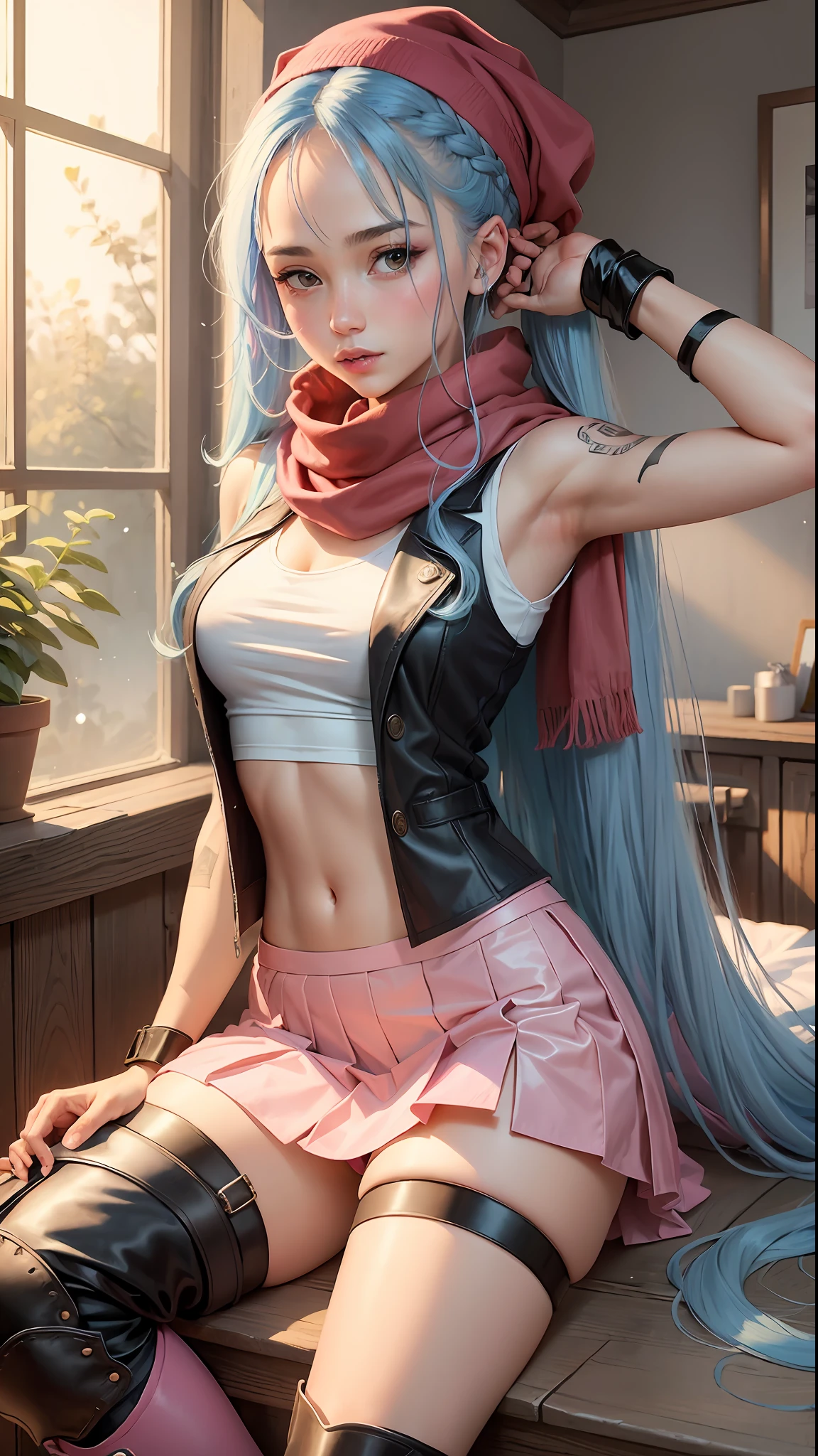 (masterpiece, best quality), 1girl, long hair, blue hair, white T-shirt, black vest, pink skirt, red scarf, tattoos, pink riding boots, stockings,