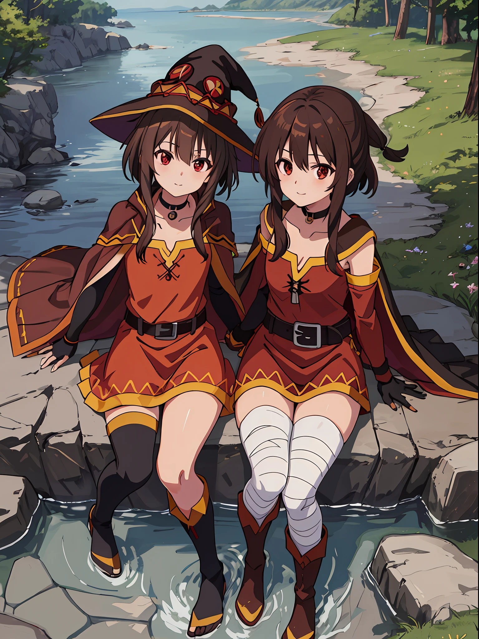 (A true masterpiece with the best quality), 1girl, full body, megumin konosuba, megumin, collarbone, black choker, fingerless gloves, black gloves, long sleeves, red dress, brown boots, brown cape, witch hat, gold trim, red eyes, short brown hair, brown belt, zettai ryouiki, skindentation, asymmetrical legwear, mismatched legwear, thigh high, bandaged leg, village, water, nature,