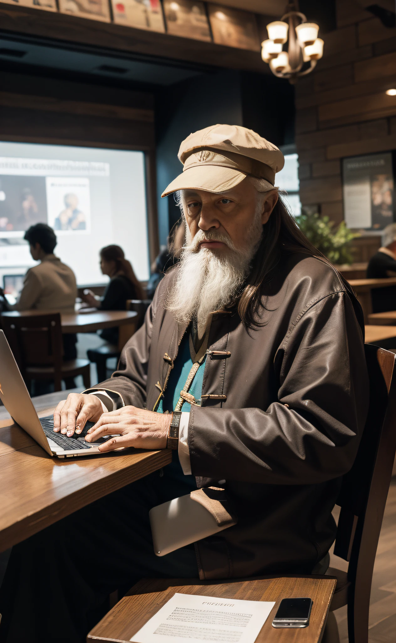 Leonardo da Vinci, the old man, wearing his clothes from the year 1490 in the year 2023, working with your macbook at Starbucks. What project was he developing?