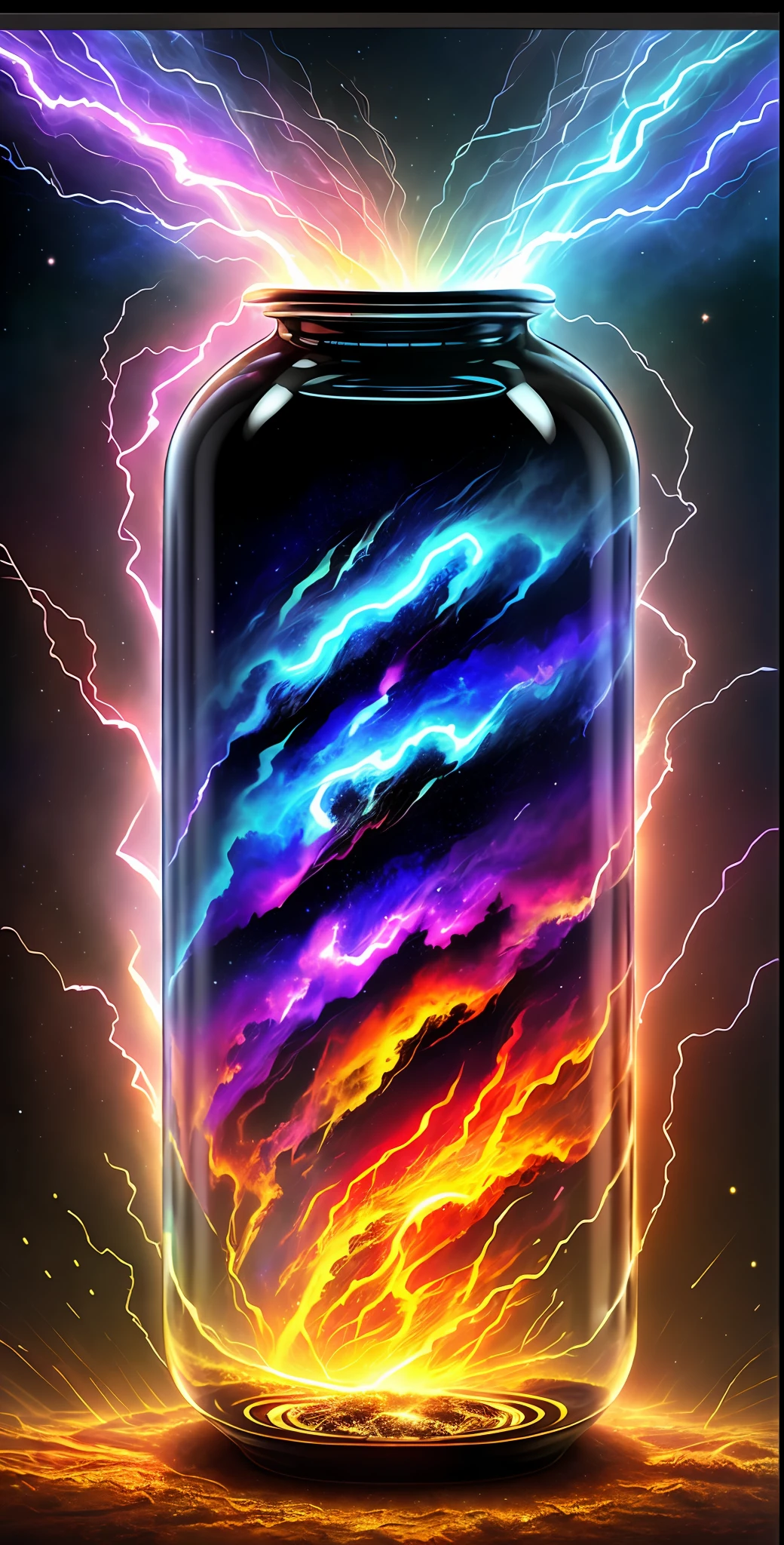 Galaxy inside a glass bottle, nebula of fire & lightning!! intricately detailed deep color maximalism hyperrealism impressionism mannerism surrealism digital art masterpiece long exposure 62K UHD trending on the news Unreal Engine 5 complex dystopian elemental fire firey fire meticulous thunderstorm vapor dark horror fantasy digital illustration maximalist. explosion !!!!energy drink of stars and incredible speeds