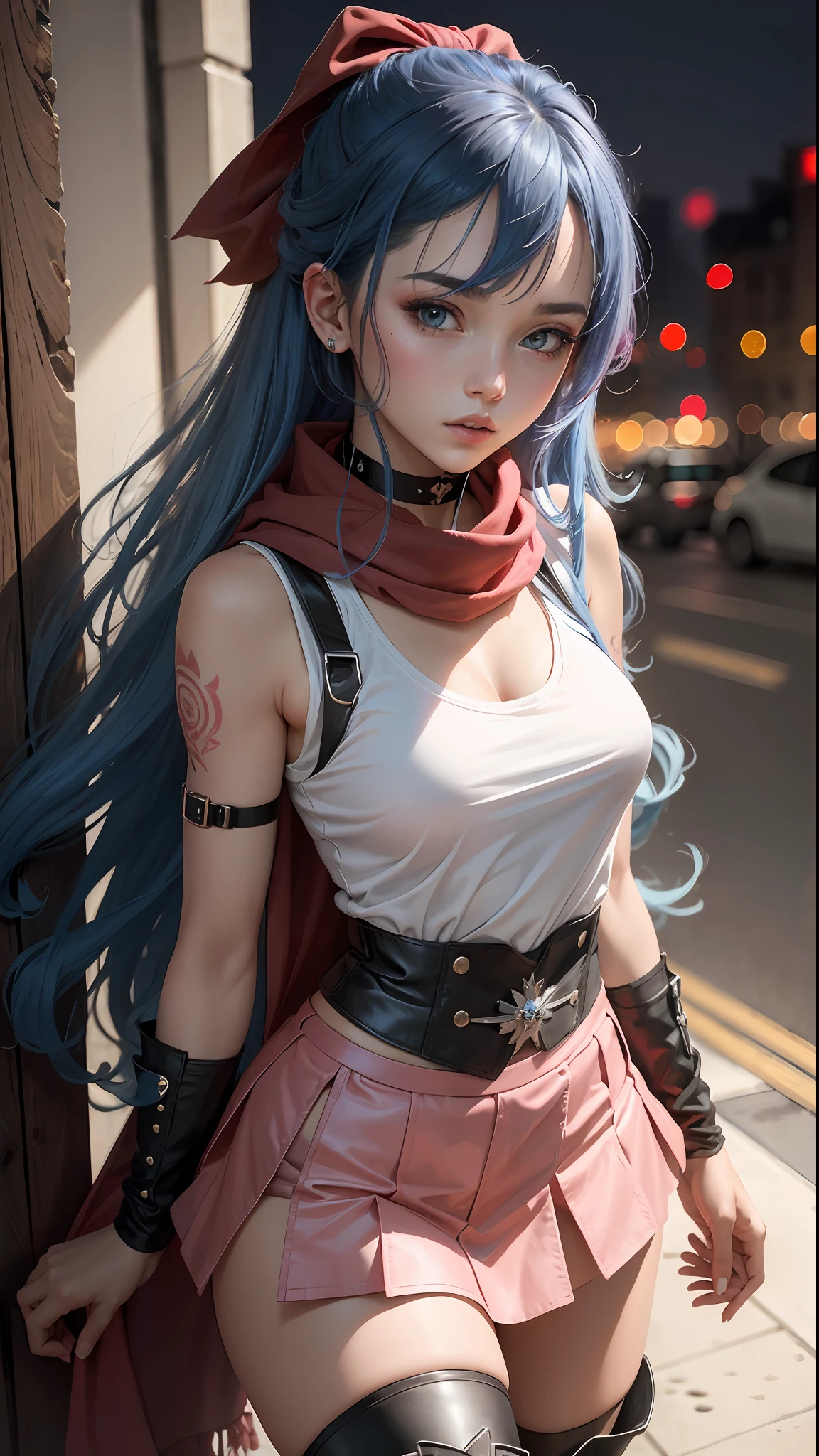 (masterpiece, best quality), 1girl, long hair, blue hair, white T-shirt, black vest, pink skirt, red scarf, tattoos, choker, pink riding boots, stockings, night