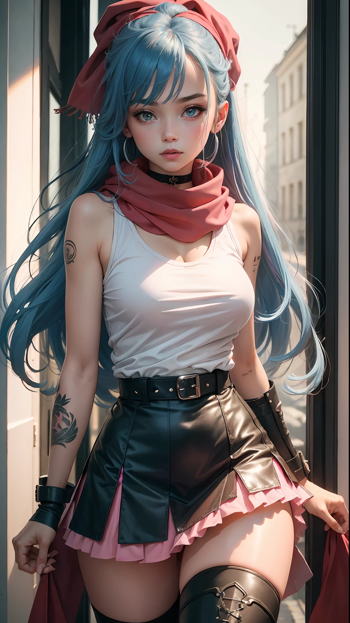 (masterpiece, best quality), 1girl, long hair, blue hair, white T-shirt, black vest, pink skirt, red scarf, tattoos, choker, pink riding boots, stockings, night