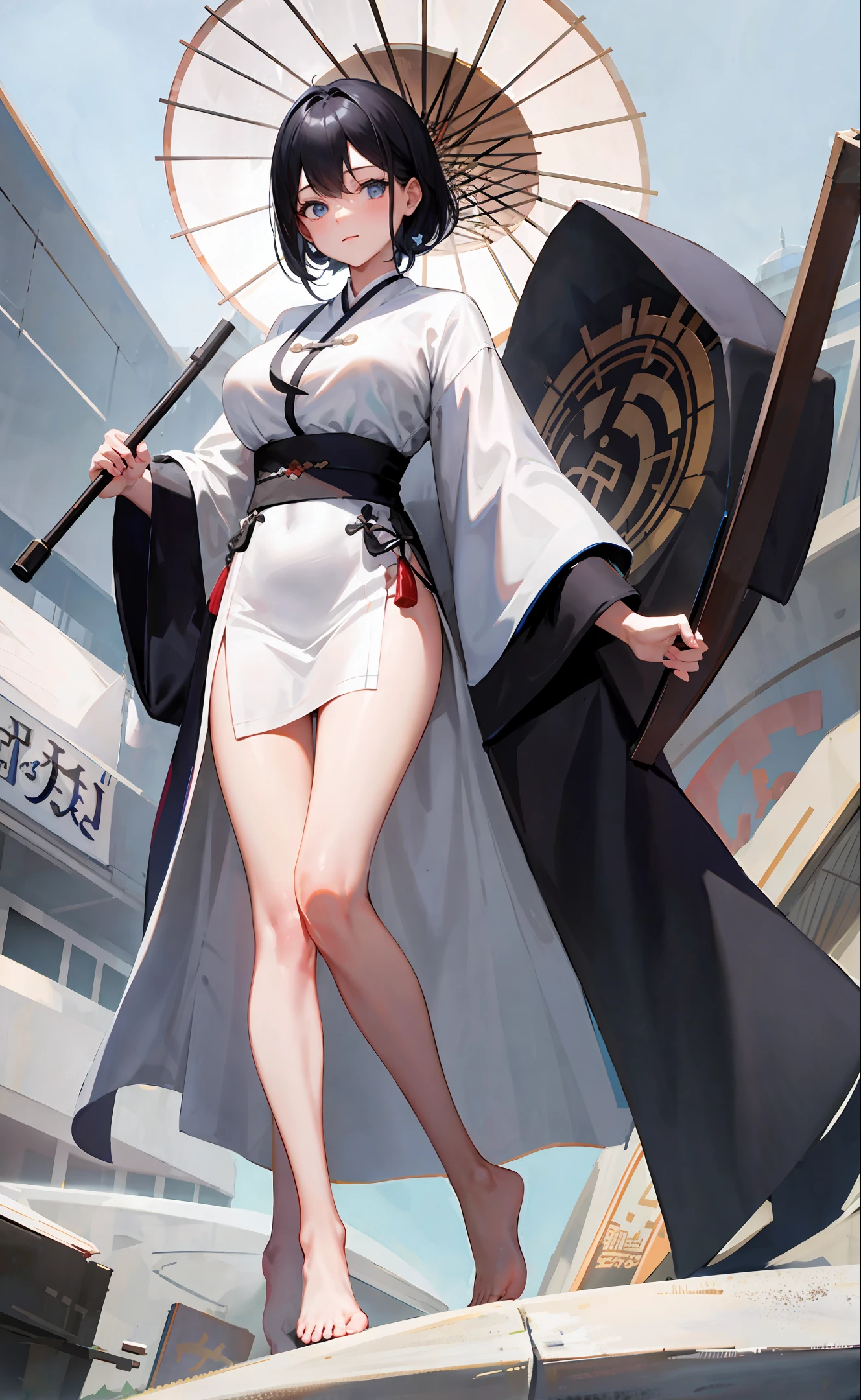 Lori, black hair, blue eyes, Daoist robe, white clothes, umbrella in hand, big breasts, short stature