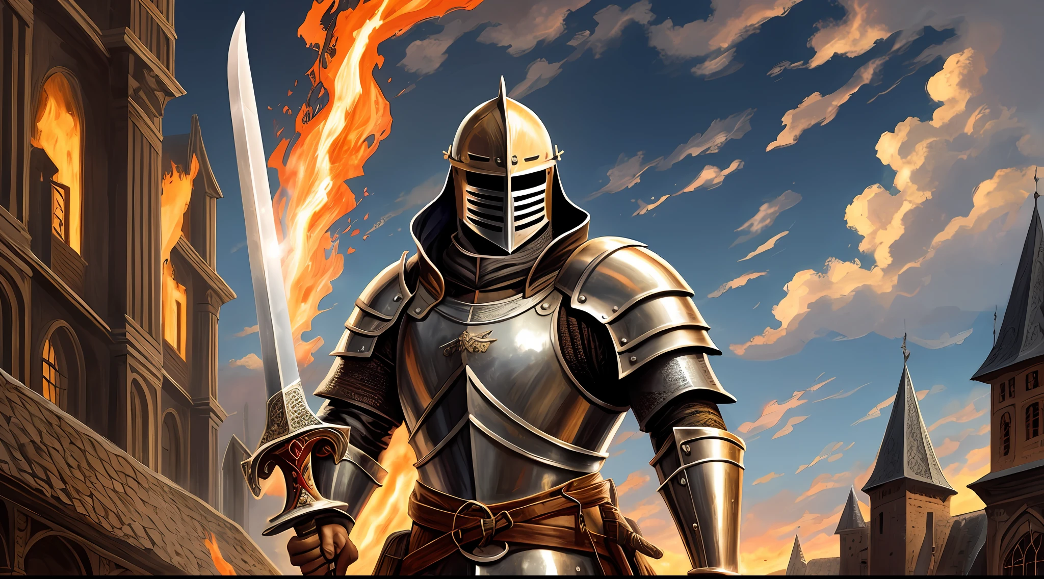 medieval knight raising sword of fire, hiperrealist,hipermaximalista --auto --s2