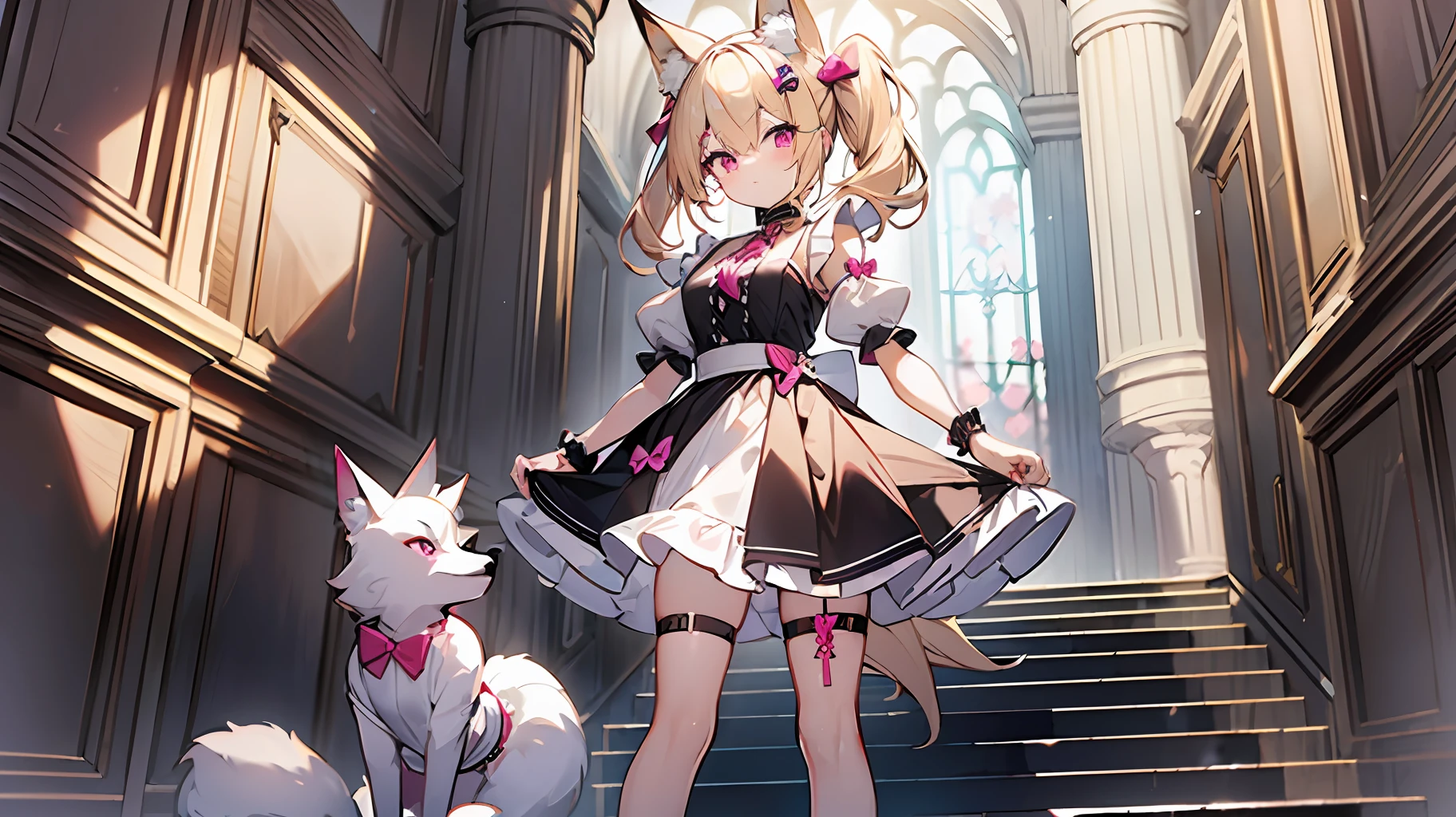 ((Masterpiece, Best Quality)), a maiden, standing full body main view blonde hair, double ponytail, pink eyes, bangs between the eyes, fox ears, black, white and fuchsia clothing, clothing style: maid outfit, leg strap, hair ornament is a bow, crystal pendant, high heels, white silk