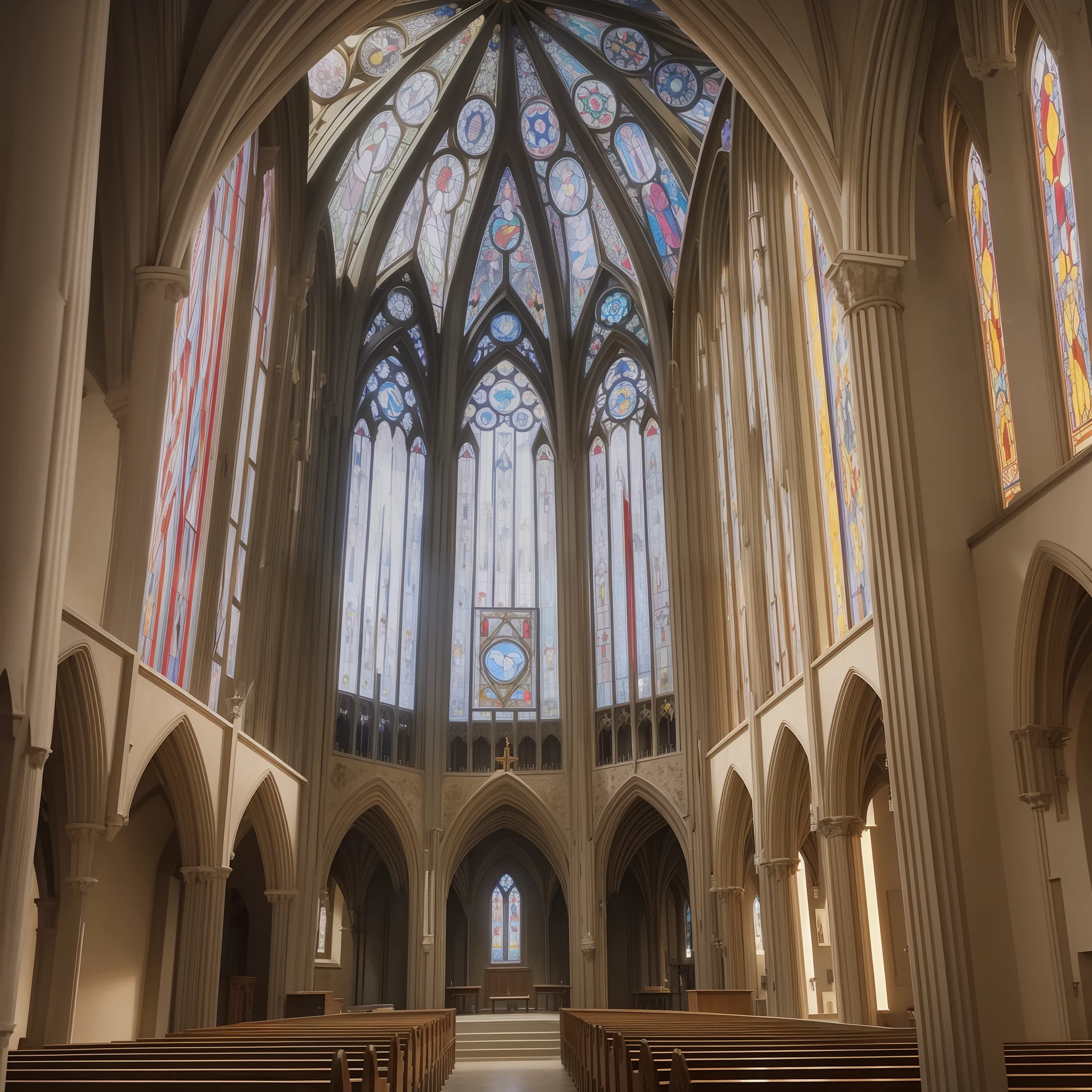 Interior of Gothic church, with emphasis on the central nave, with beautiful stained glass windows of rose windows illustrating the holy spirit, which is a dove with open wings --auto --s2