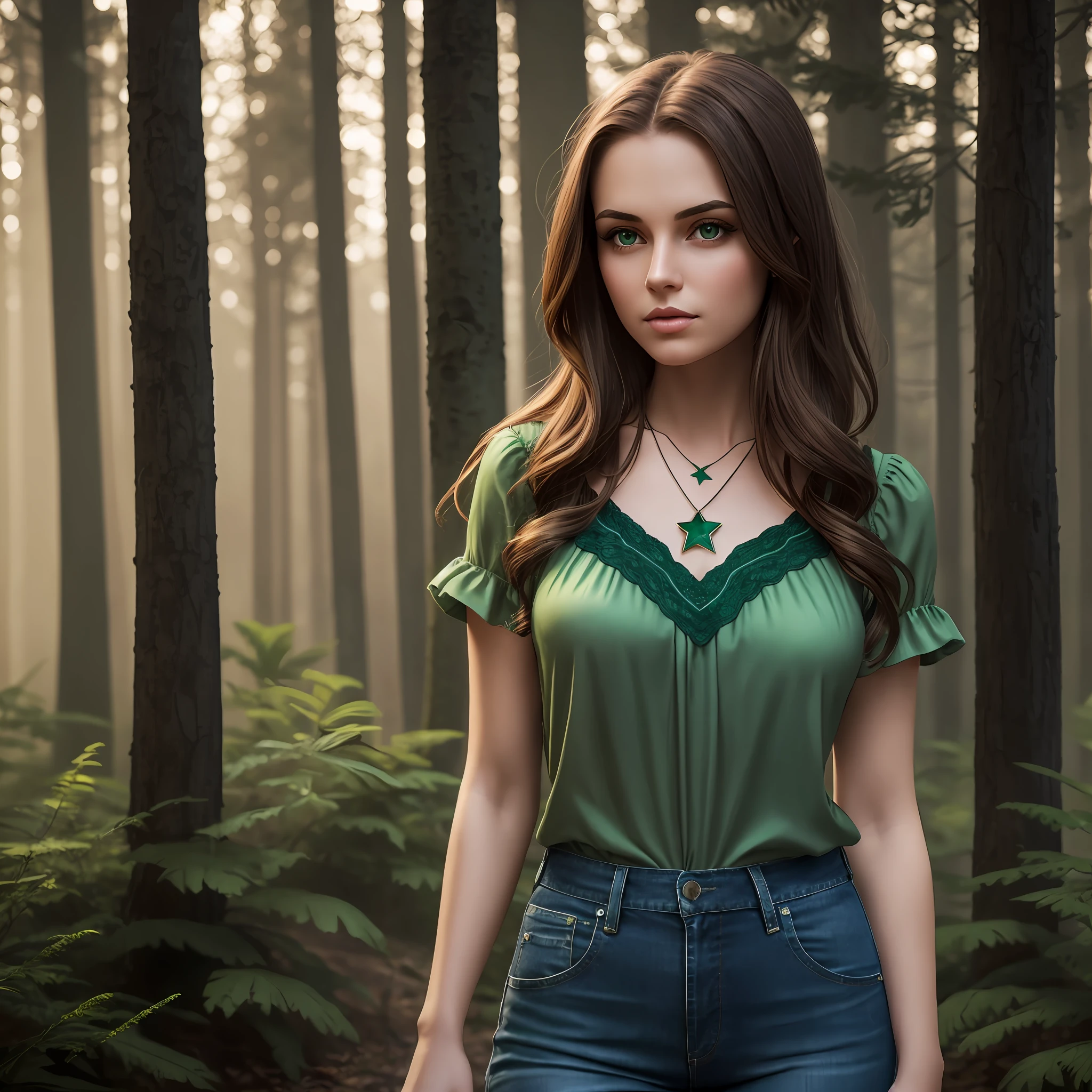 Young American woman with brown hair, dark green eyes with a star-shaped emerald necklace. Pink lips. Wearing a short-sleeved blouse and blue jeans. Background dark gothic forest with no sunlight and fog. 4k, realistic, better picture.