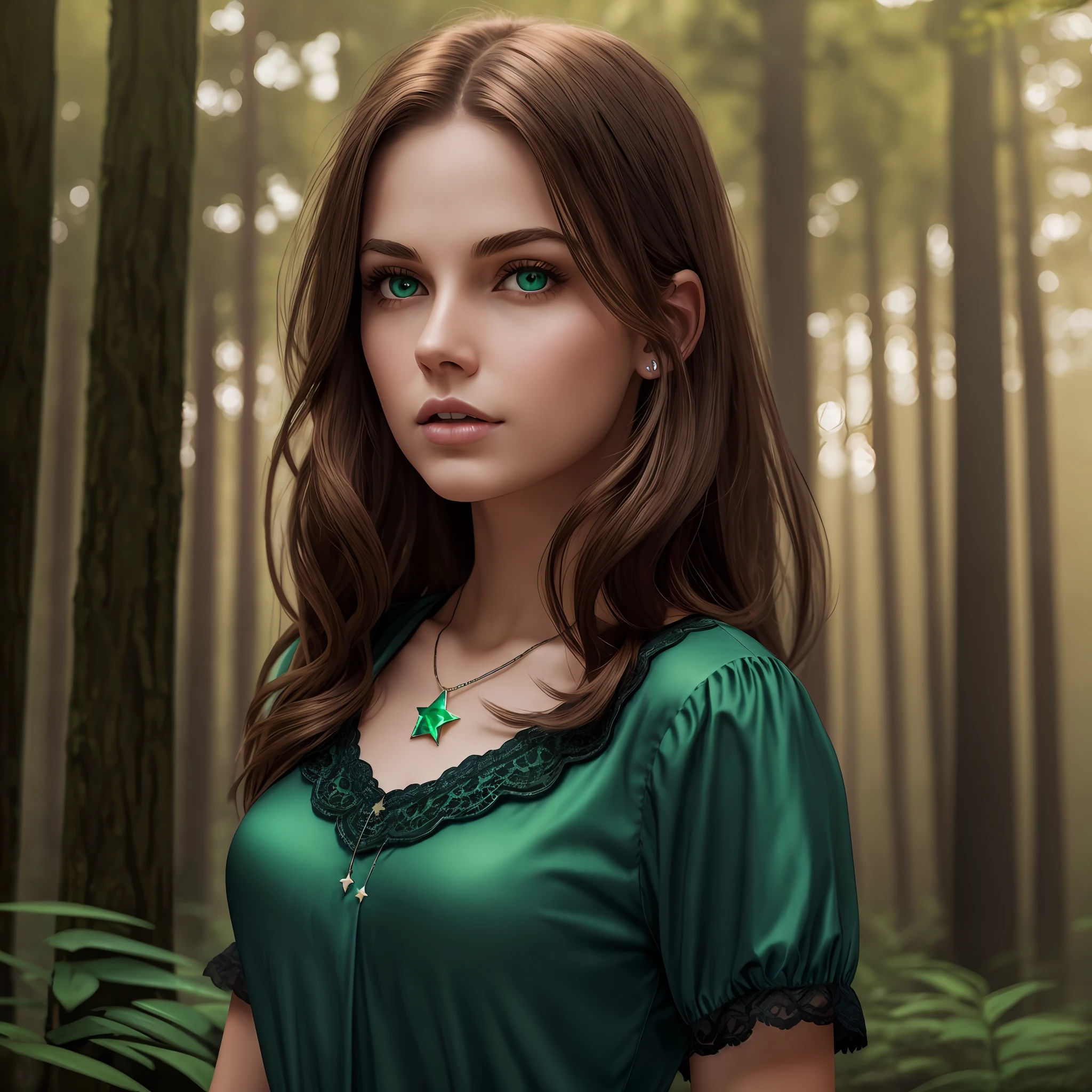 Young American woman with brown hair, dark green eyes with a star-shaped emerald necklace. Pink lips. Wearing a short-sleeved blouse and blue jeans. Background dark gothic forest with no sunlight and fog. 4k, realistic, better picture.