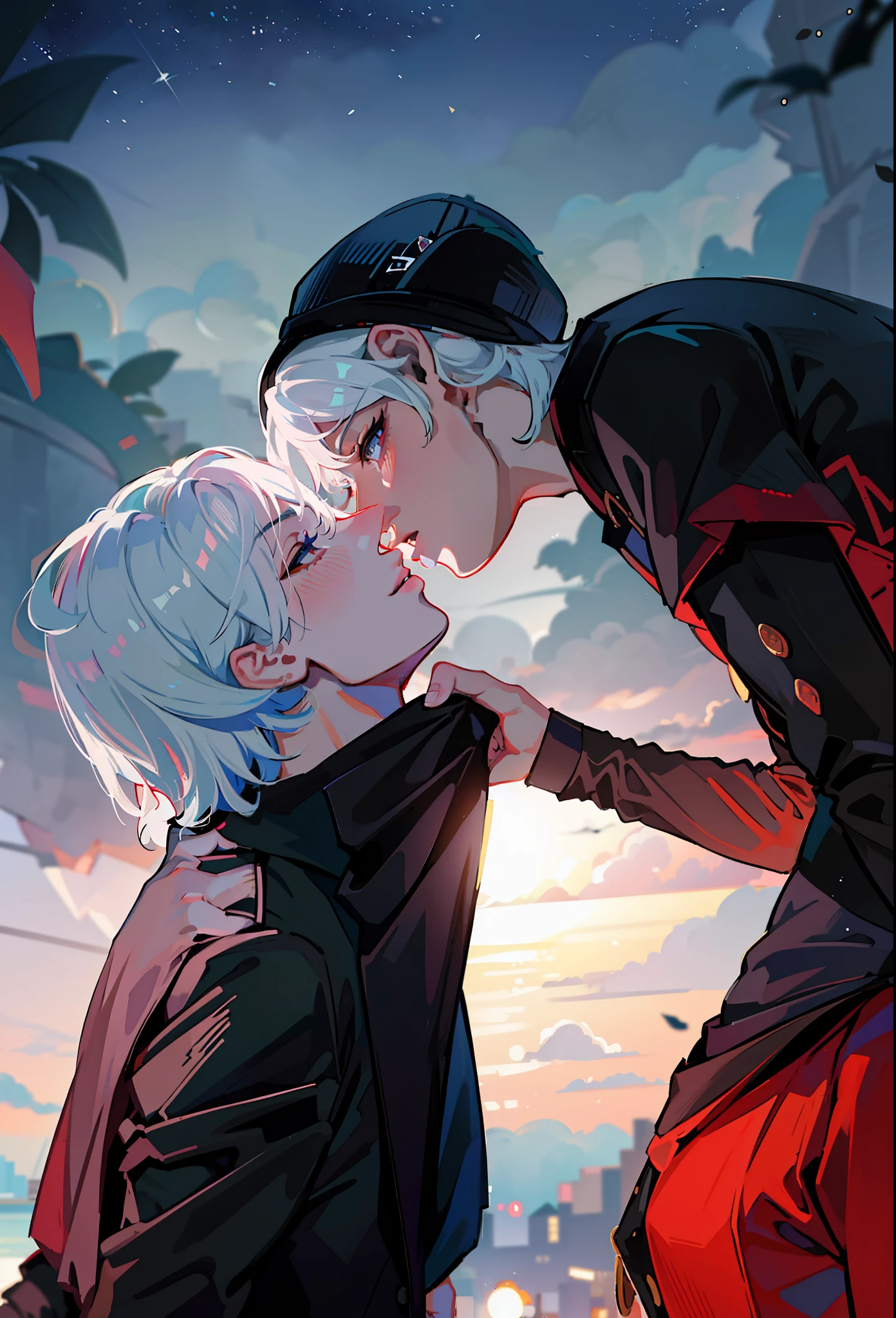 Two nena kissing, men kiss men, black clothes, Wearing black outfit, besándose lindamente, Yaoi, besándose, enfrentándose, besándose juntos, in love, Taejune, besándose boca a boca, chico rubio y chico pelirrojo, (((masterpiece))), artstation style, anime, boyslove, two boys, two mans, boys love, homosexual, 4k,8k,16k,uhd, shorts hair, city landscape, city lights in the background