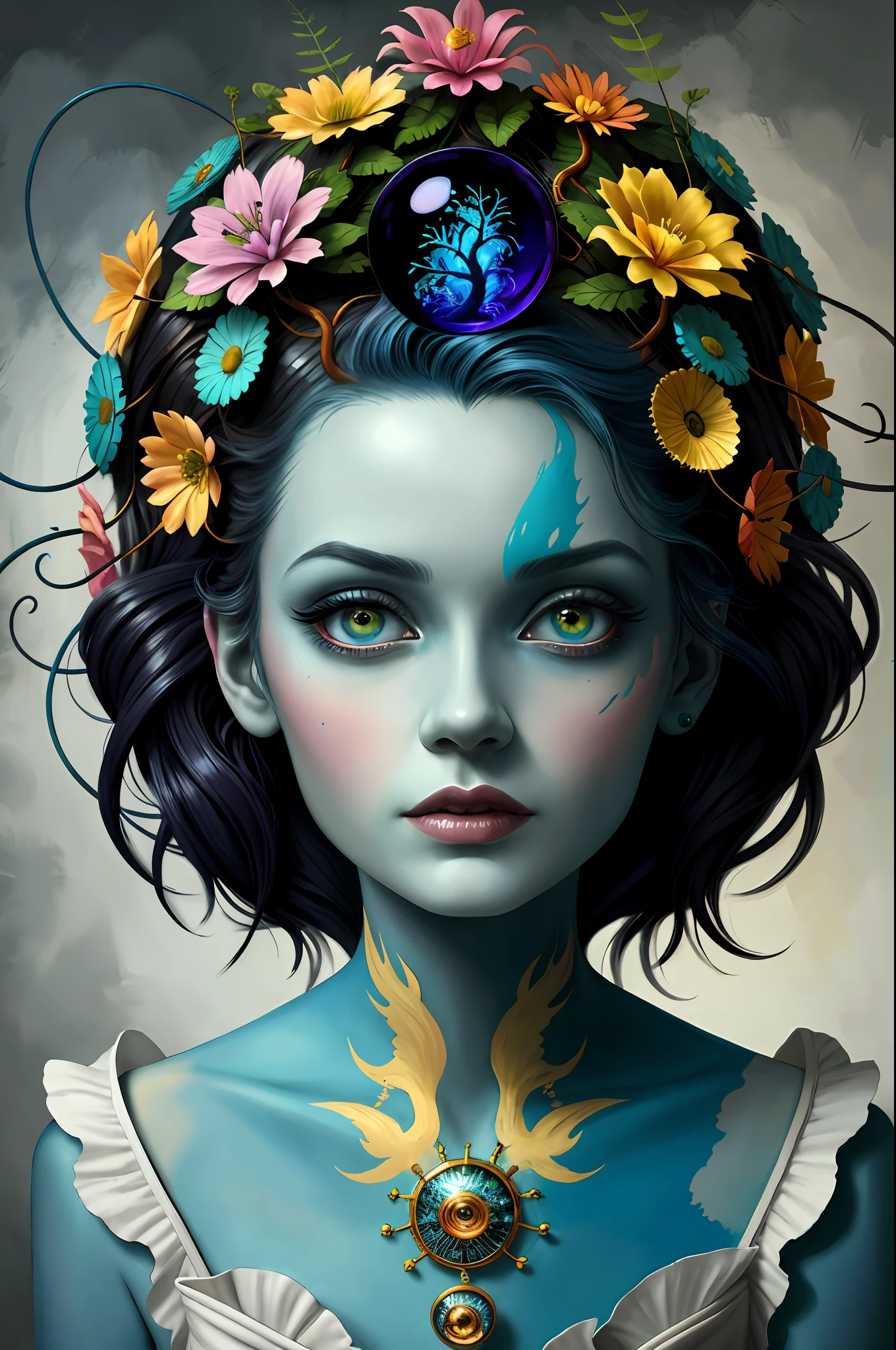 colorpop style, pointy hair, blue skin, natalie shau, mark ryden, alberto seveso, brooke shaden, anna dittmann, flora borsi, yin yang anthill, ant, lily, insect, fern, beautiful full body photo with oil painting, with thick brushstrokes and wet paint, fibonacci, golden ratio, melted wax, visible brushstrokes, surrounded by crystal ball, 3D Mosaic wireframe, neural graphics, neurons, tree of life, color, love, passion, oil on canvas, thick brush strokes, crazy details, 8k uhd, masterpiece, art station, surrealism