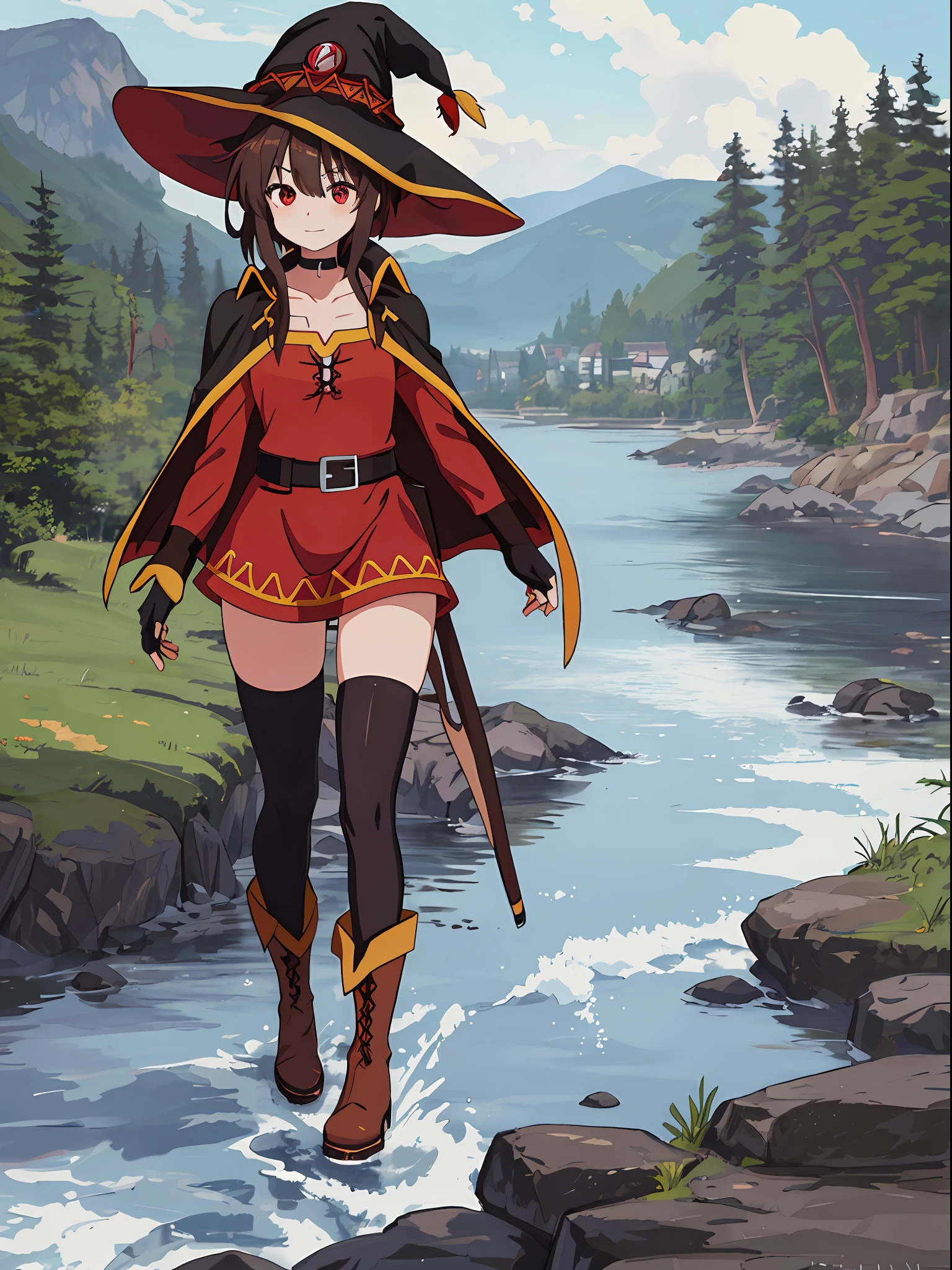 (A true masterpiece with the best quality), 1girl, full body, megumin konosuba, megumin, collarbone, black choker, fingerless gloves, black gloves, long sleeves, red dress, brown boots, brown cape, witch hat, gold trim, red eyes, short brown hair, brown belt, zettai ryouiki, skindentation, asymmetrical legwear, mismatched legwear, thigh high, bandaged leg, village, water, nature,