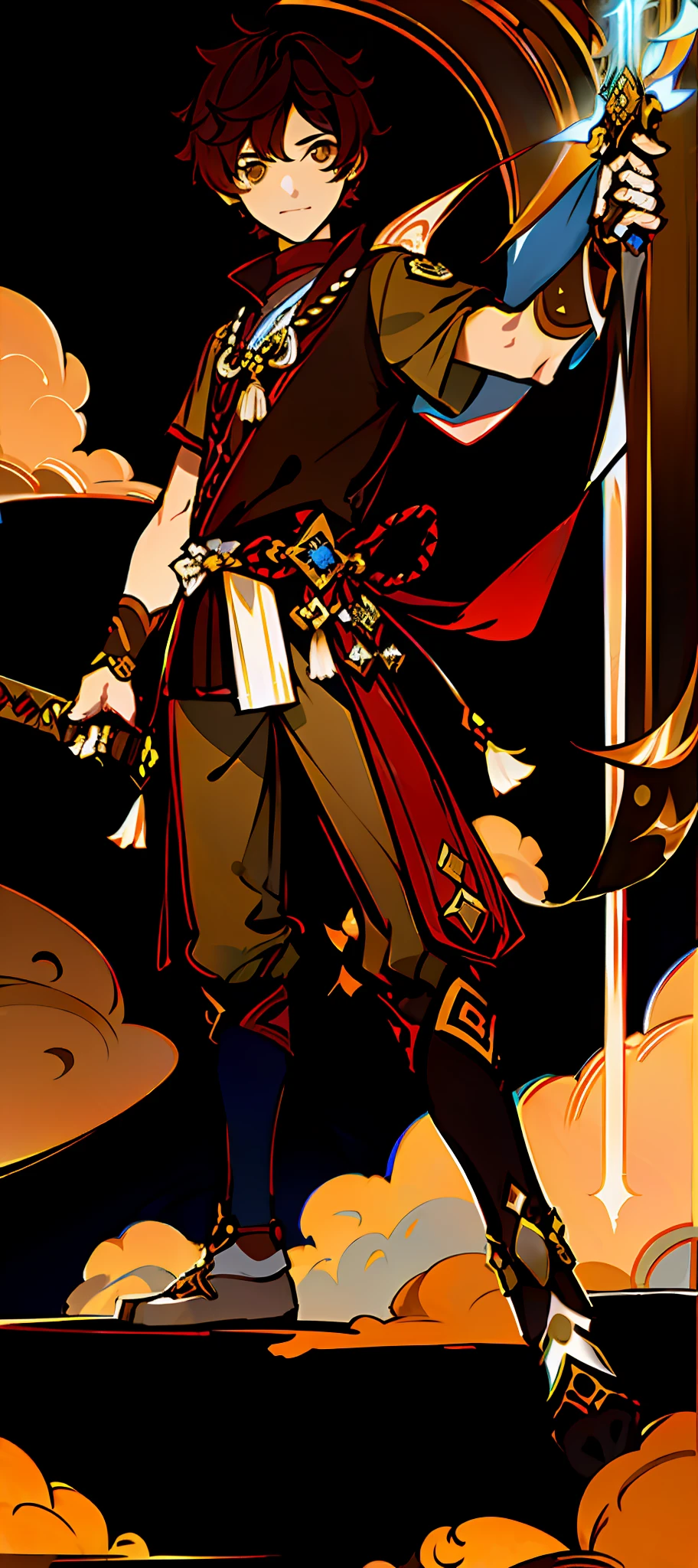 "A young man with short brown hair wielding a sword with one hand, under clear sky Genshin Impact style, Genshin Impact style background."