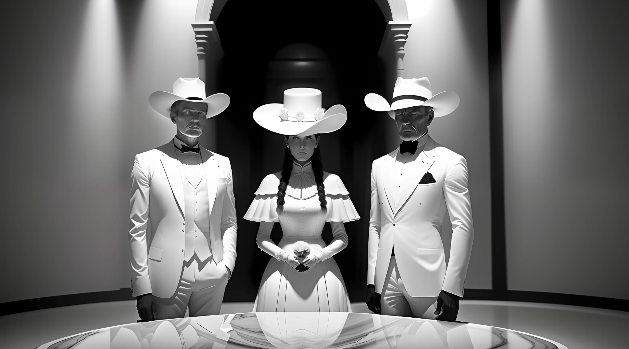 A man standing on the right side, a man sitting in the middle, a woman standing on the left, all in white suits and hats, a large marble table in the middle, white wall, old west, black and white image, evil face, no color