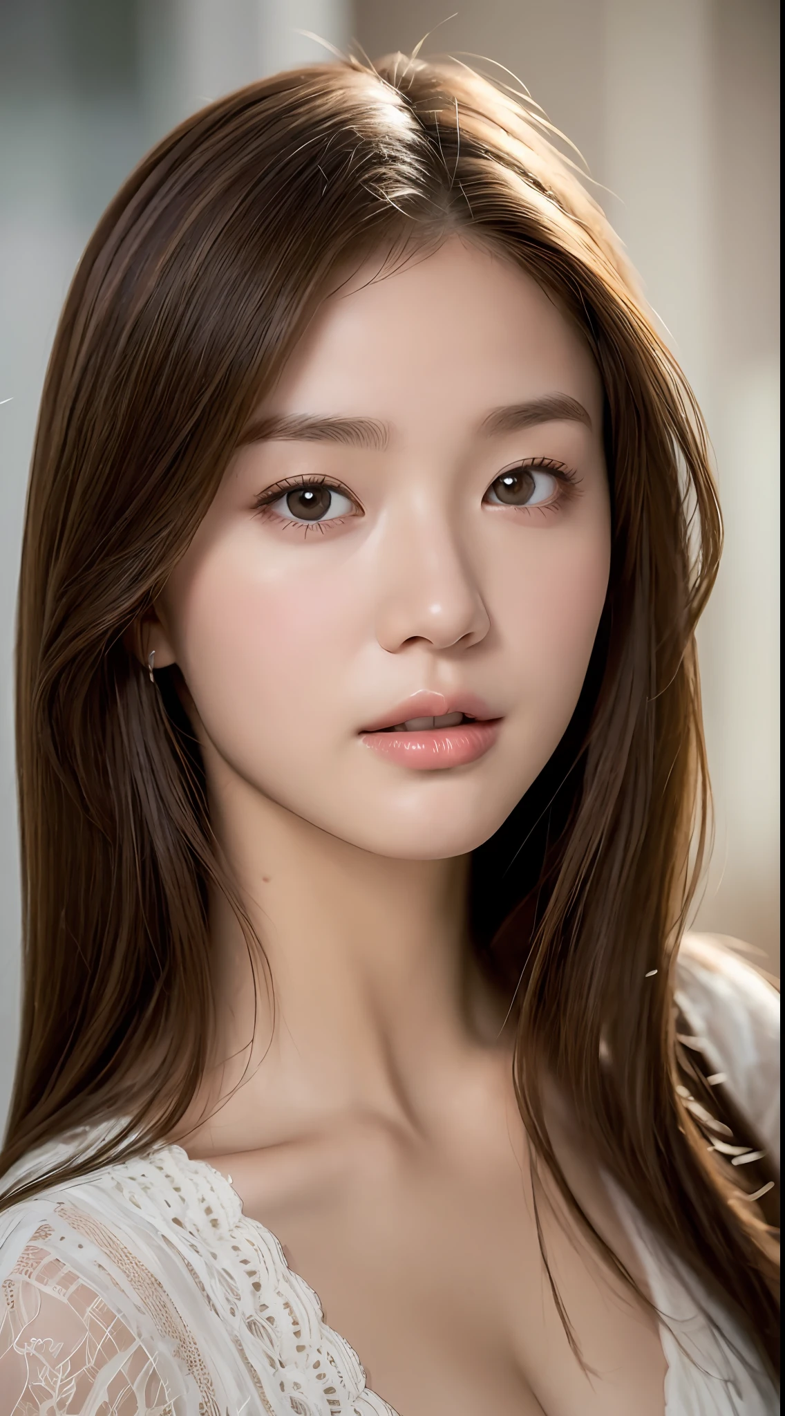 Top quality, realistic, perfect human body structure, very detailed, very delicate and beautiful, 3 women, RAW photography, professional lighting, face lighting, depth of field, single focal, full body, 13 year old woman, brown hair, brown eyes, small head, ((big)), baby face, fashion girl, beautiful eyes, real face, real skin, real face, realistic skin, detailed eyes, (fashionable hairstyle: 1.3), turning around, viewer, View detailed face and chest, middle school student